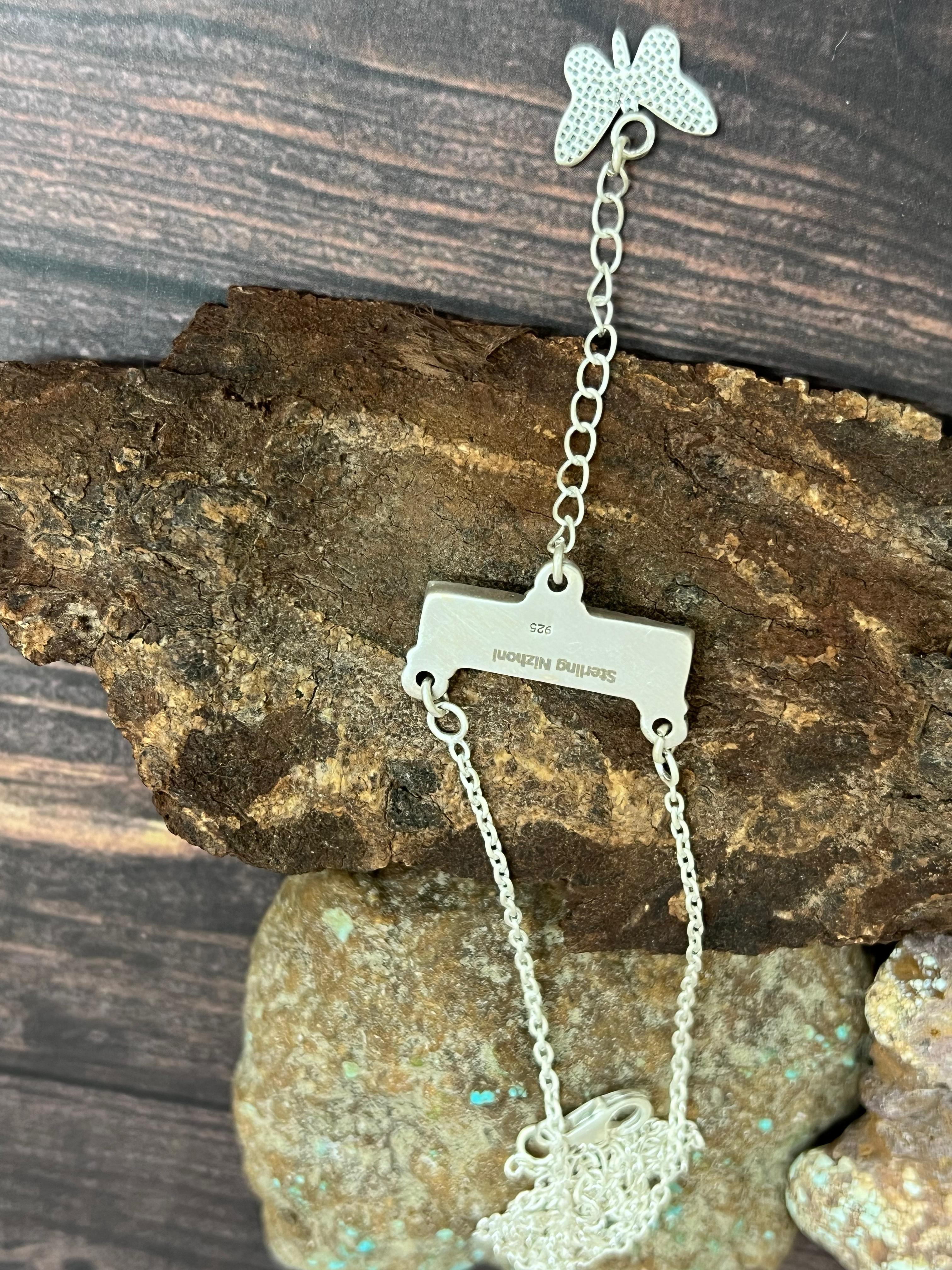 Handmade Sterling Silver Kingman Turquoise Necklace with Signed Nizhoni