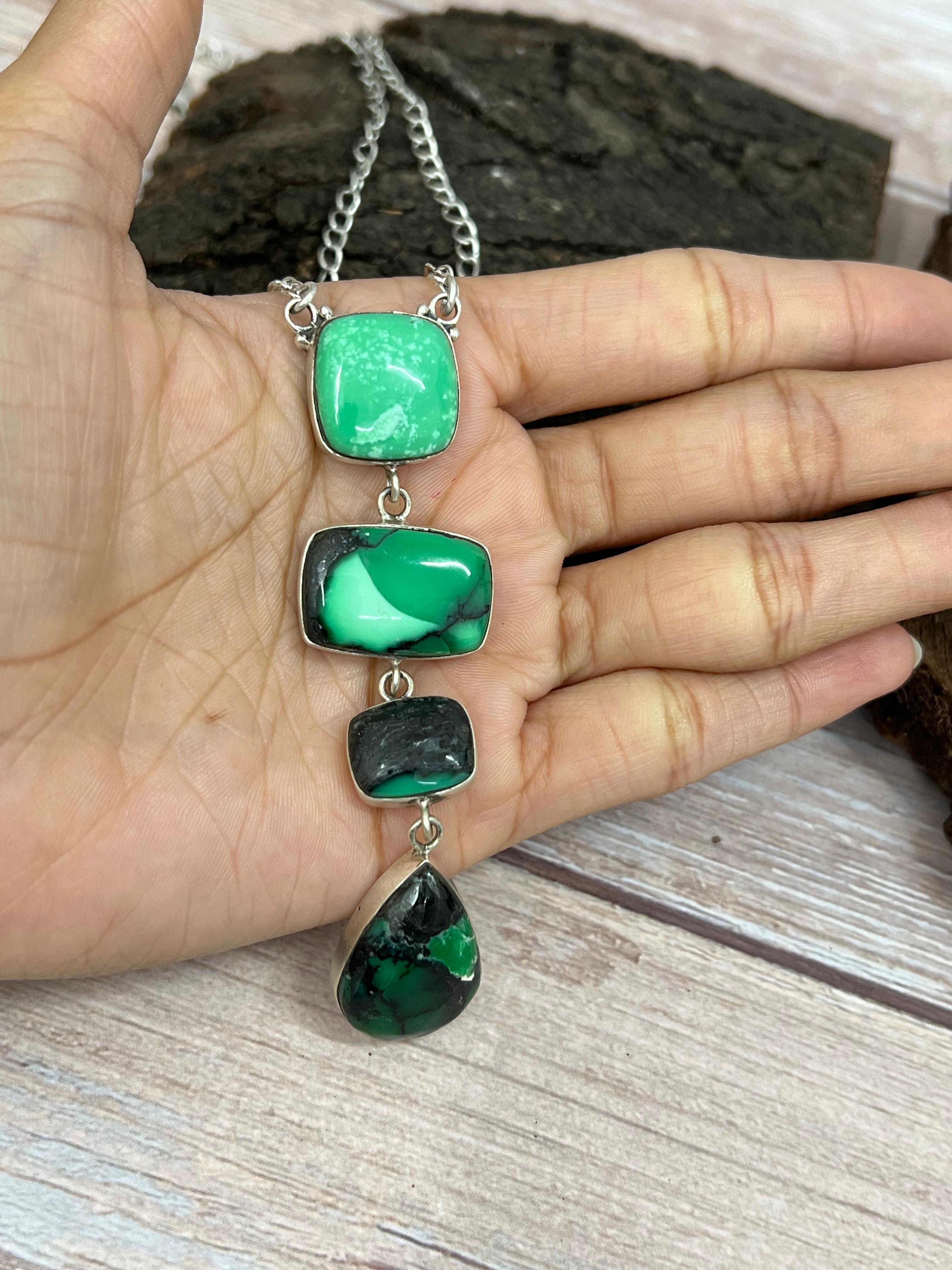 Handmade Sterling Silver Emerald Rose Necklace with Signed Nizhoni