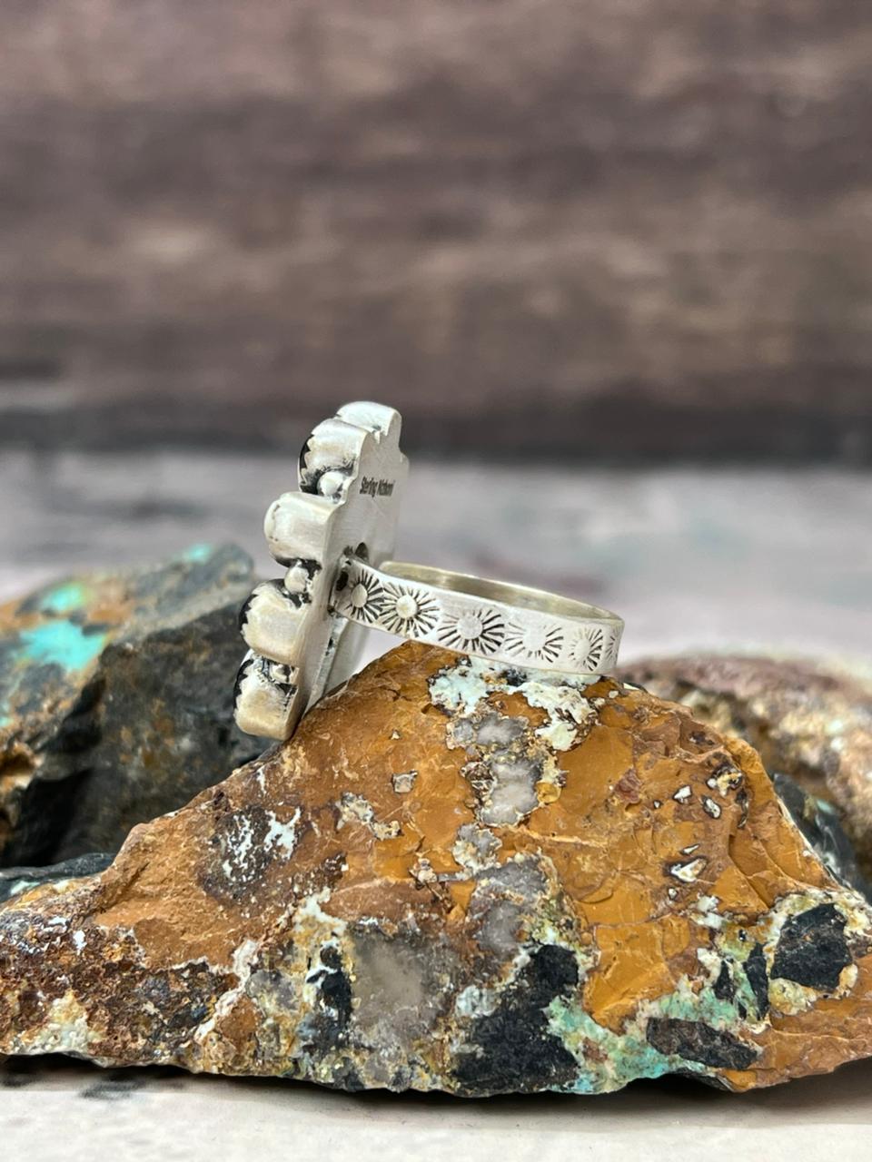 Handmade Sterling Silver White Buffalo Turquoise Naja Adjustable Ring "Signed Nizhoni"