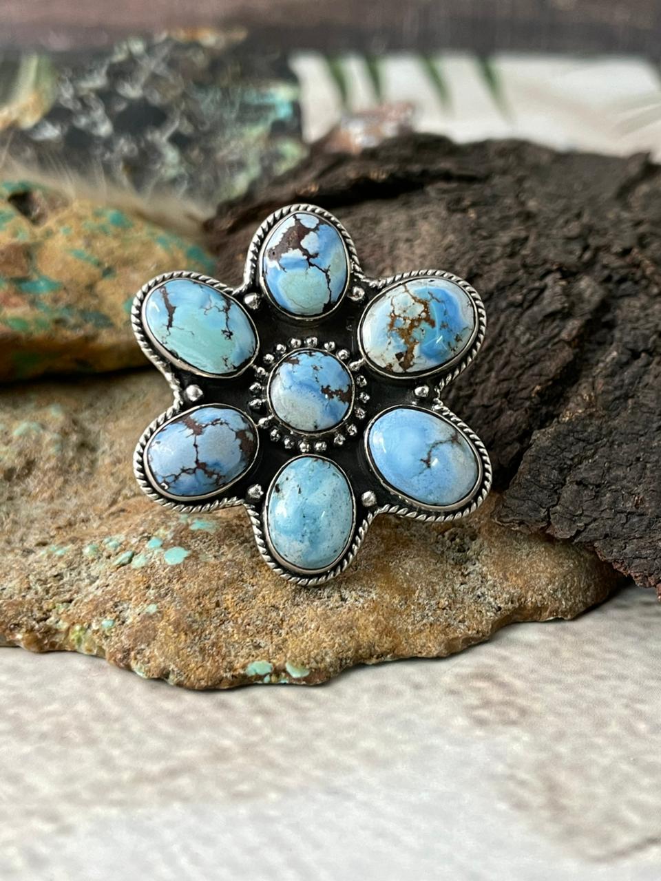 Handmade Sterling Silver Golden Hills Turquoise Adjustable Ring "Signed Nizhoni"