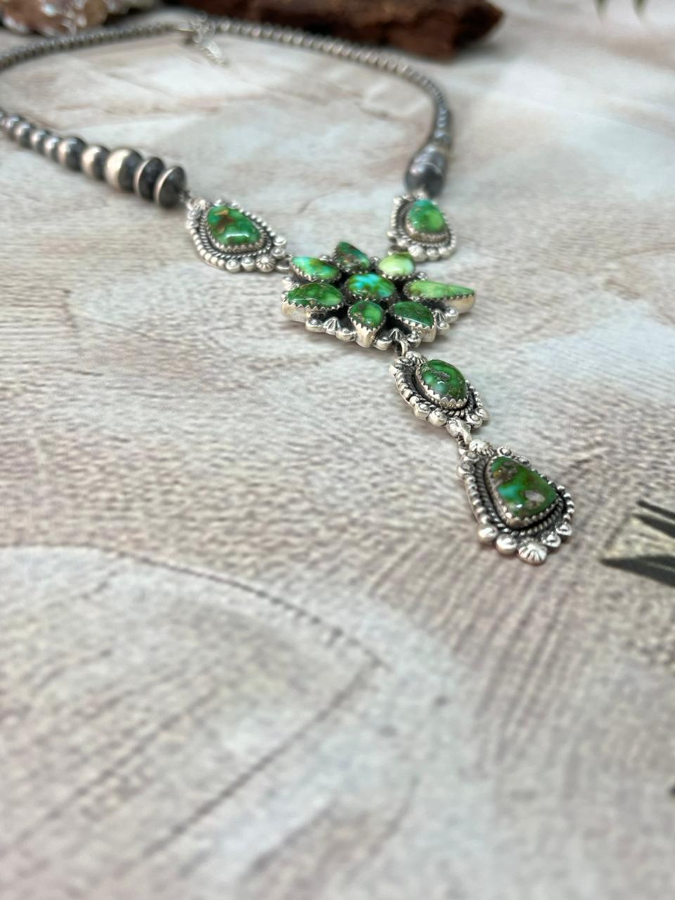 Handmade Sterling Silver Sonoran Mountain Turquoise Beaded Necklace with Signed Nizhoni