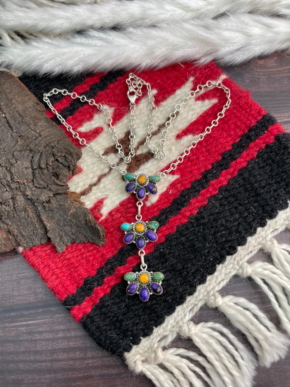 Handmade Sterling Silver Kingman with Orange Mojave and Grape Dahlia Necklace "Signed Nizhoni"