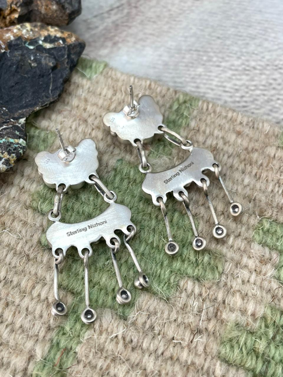 Handmade Sterling Silver Kingman Turquoise Post Dangle Earrings "Signed Nizhoni"