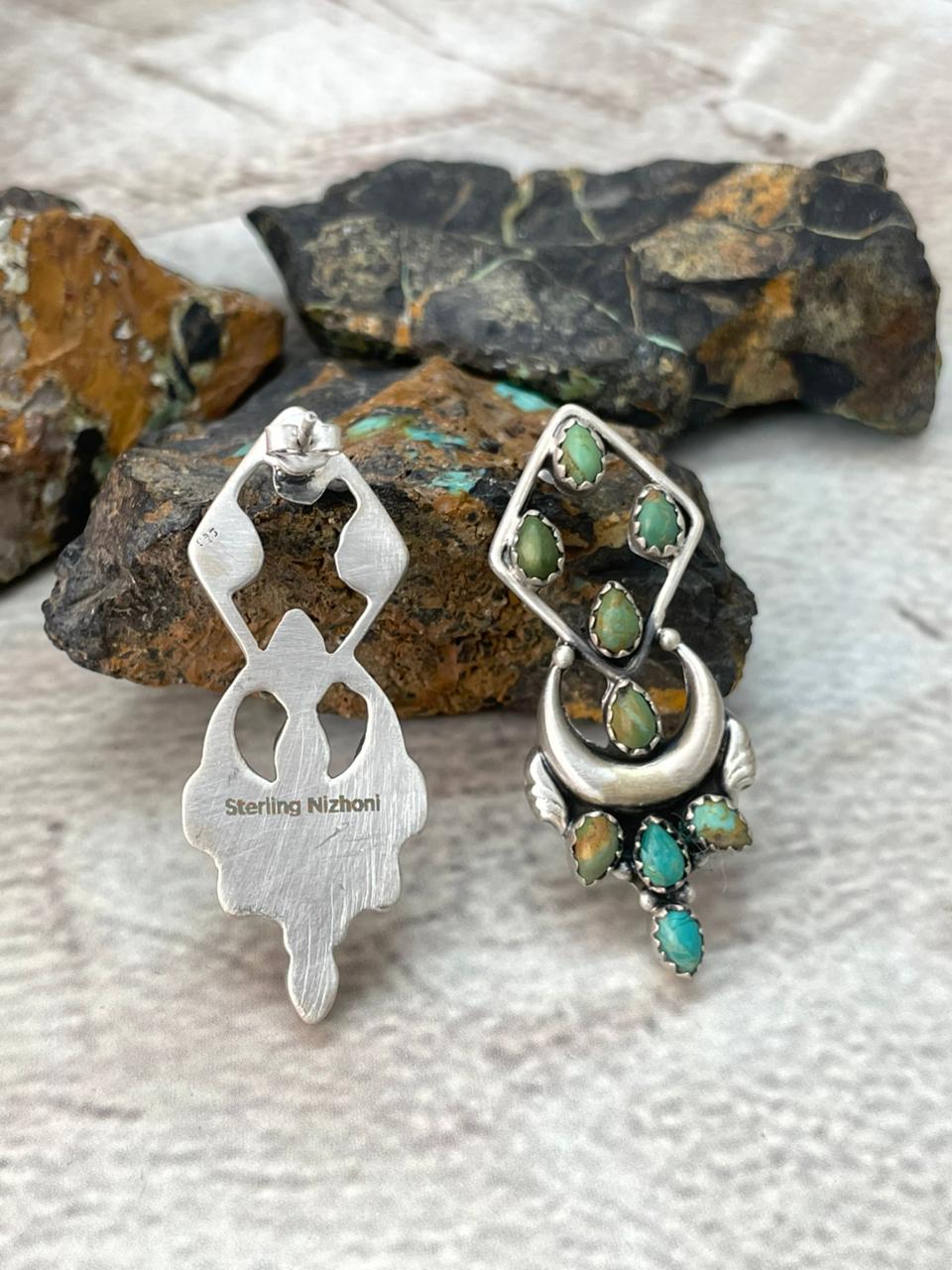 Handmade Sterling Silver Kingman Turquoise Post Dangle Earrings "Signed Nizhoni"