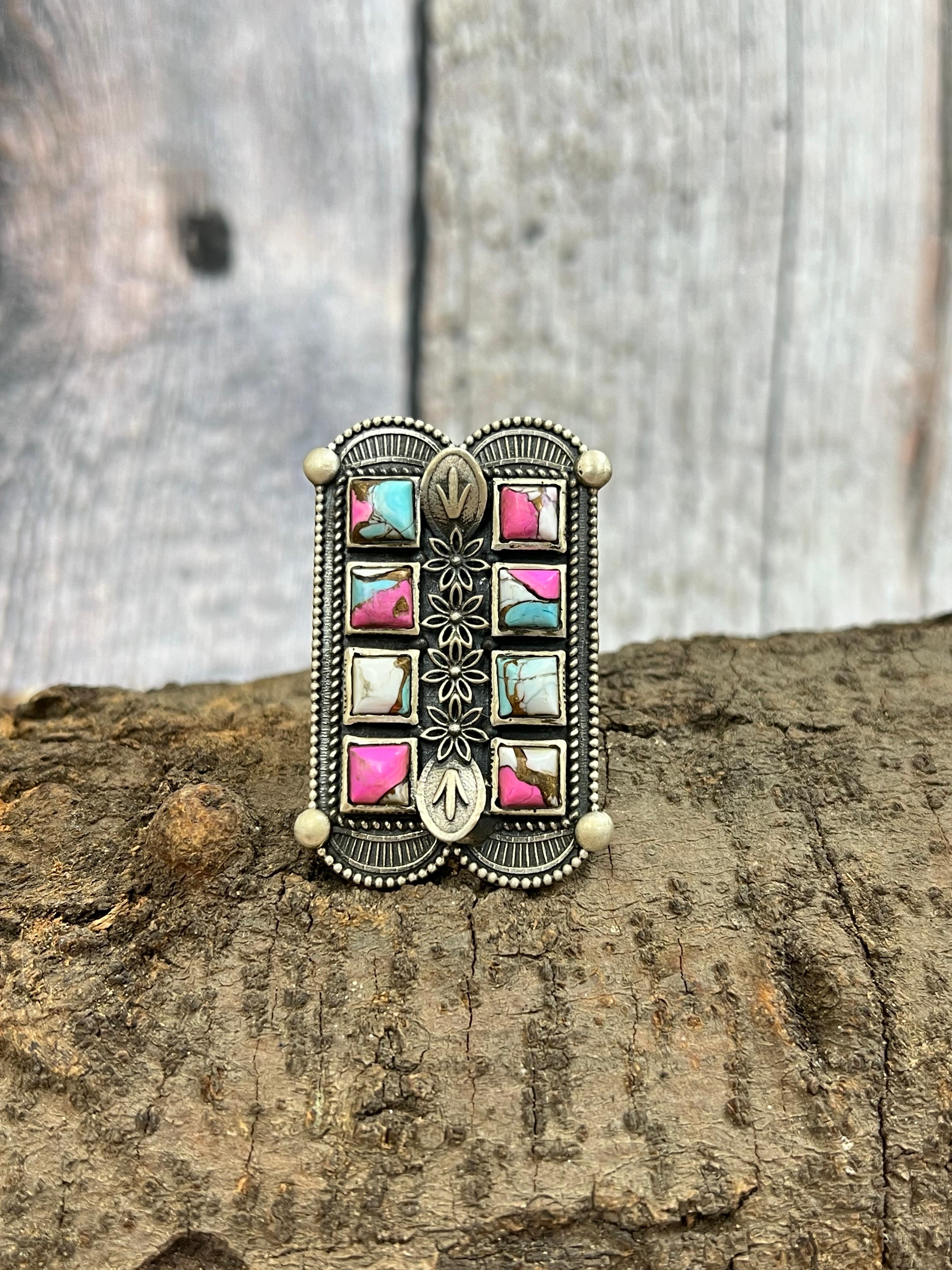 Handmade Sterling Silver Cotton Candy Turquoise Adjustable Rings with Signed Nizhoni