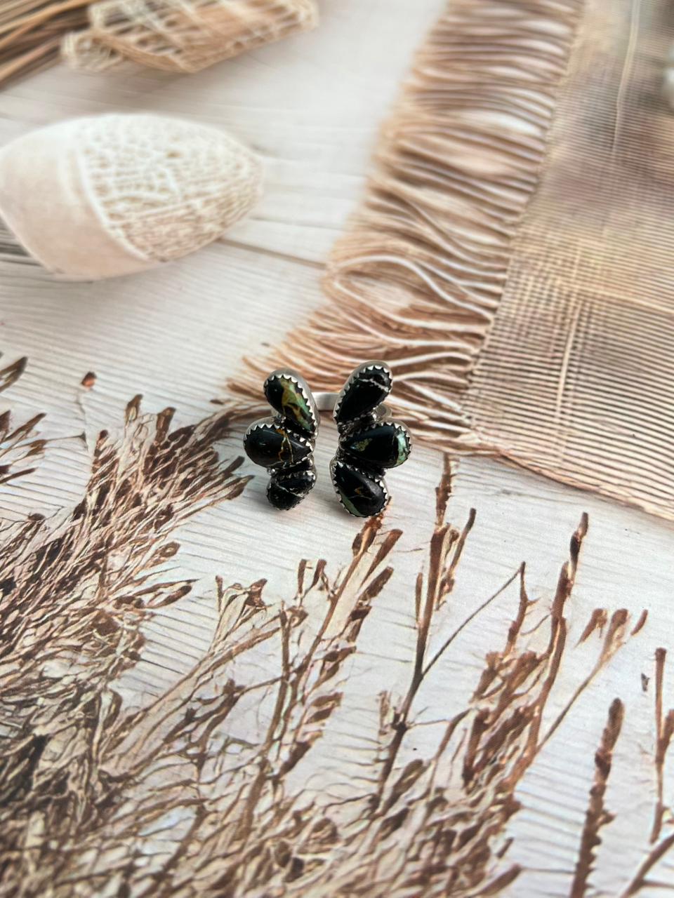 Handmade Sterling Silver Blackjack Turquoise Adjustable Ring "Signed Nizhoni"