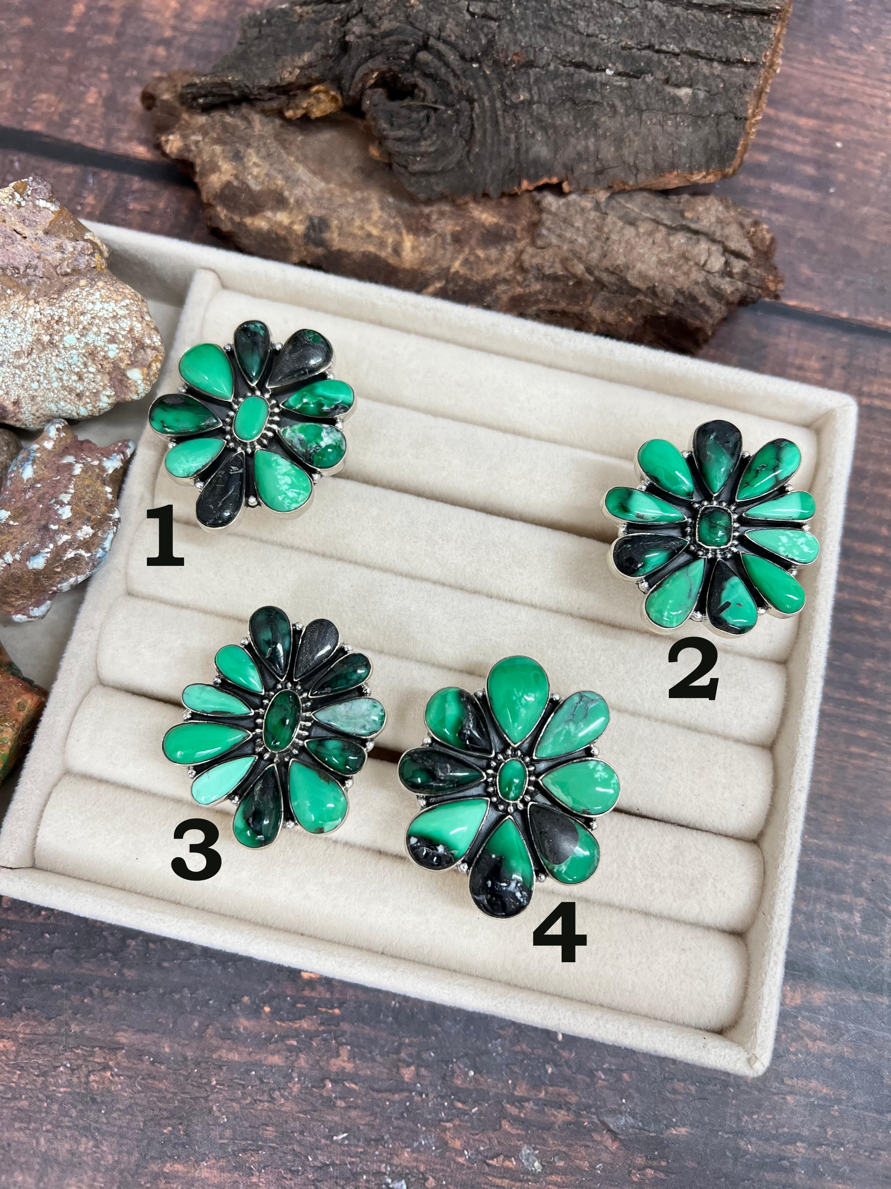 Handmade Sterling Silver Emerald Rose Adjustable Ring with Signed Nizhoni