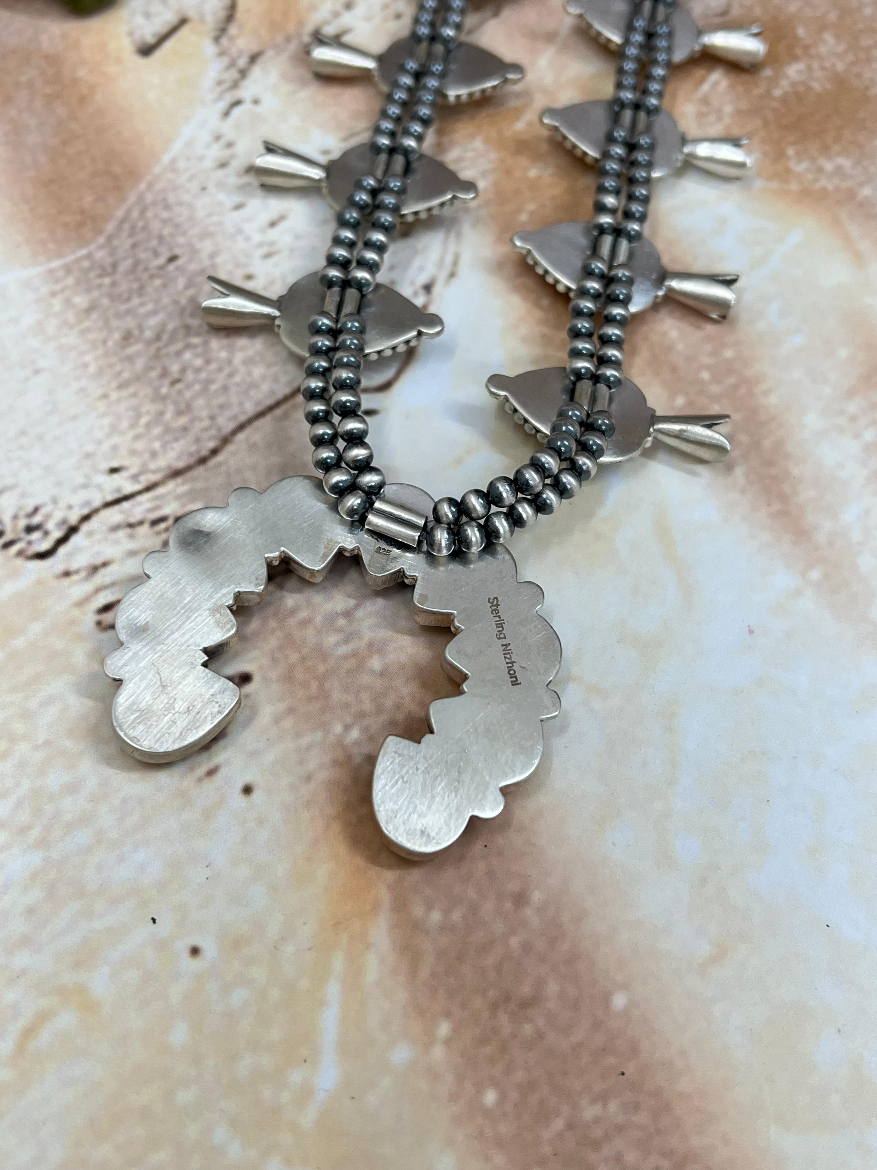 Handmade Sterling Silver Honey Dahlia Squash Blossom Necklace with Signed Nizhoni