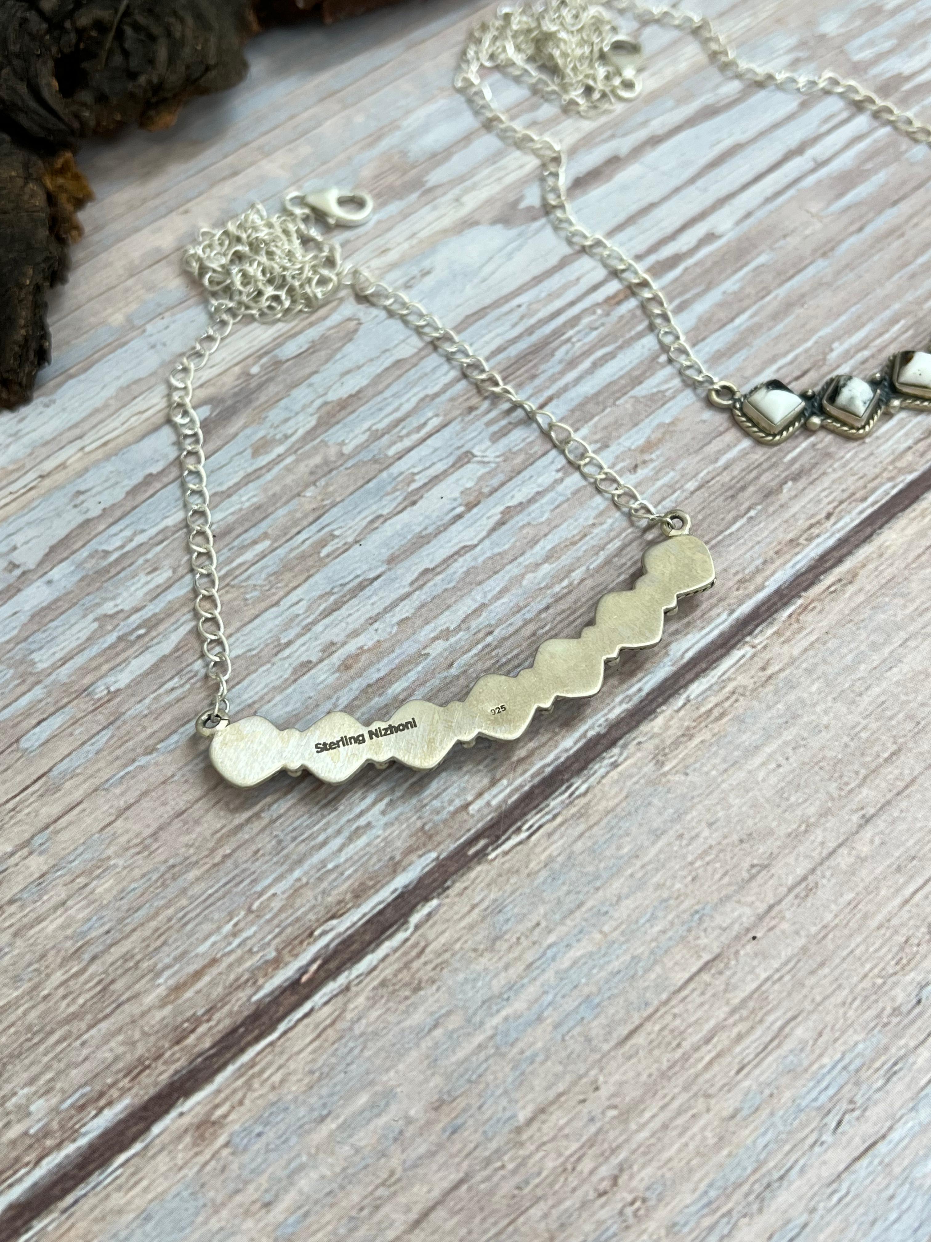 Handmade Sterling Silver White Buffalo, Dahlia Rose Necklace with Signed Nizhoni