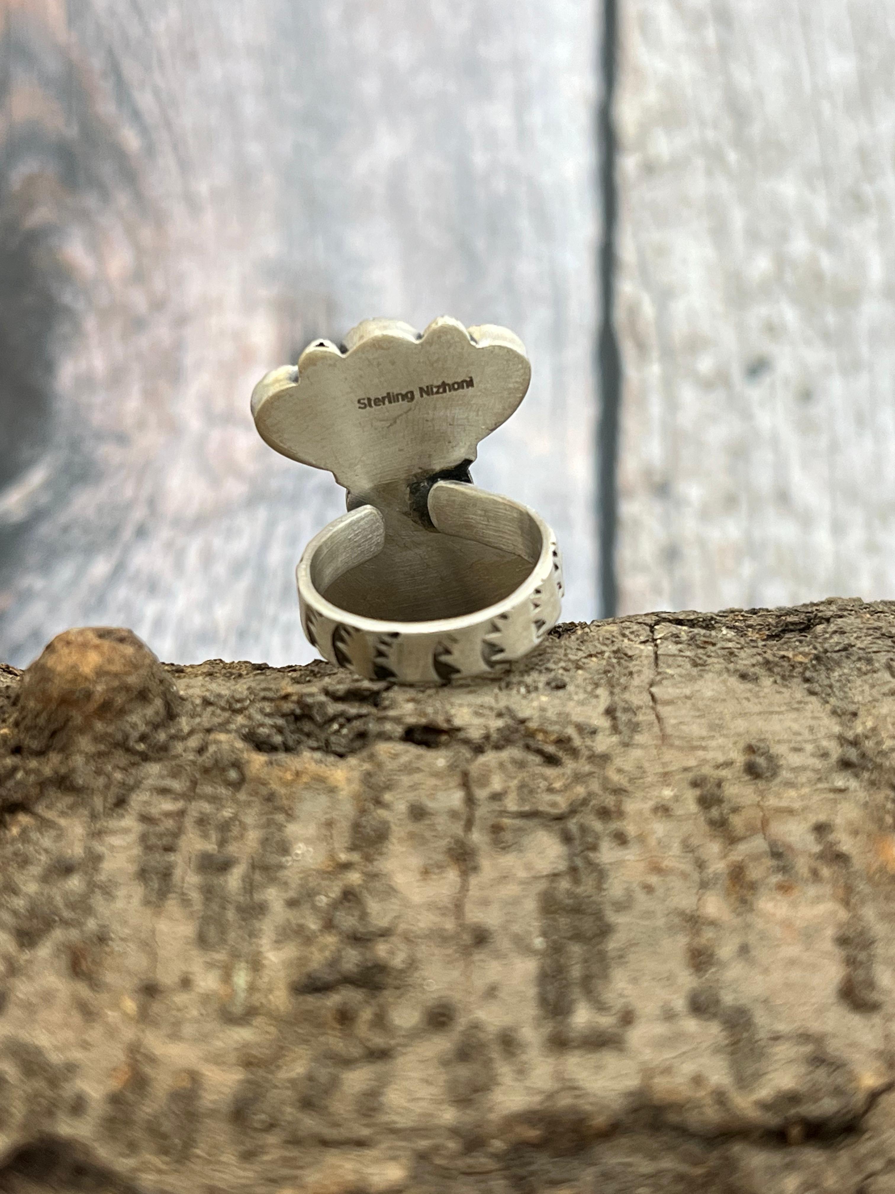 Handmade Sterling Silver Cotton Candy Turquoise Adjustable Ring with Signed Nizhoni