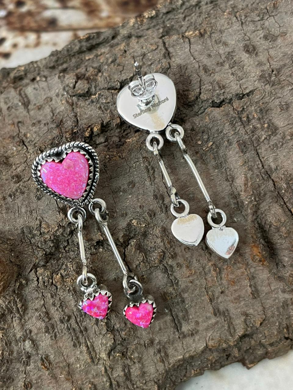"Heart Collection" Handmade Sterling Silver Hot Pink Post Dangle Earrings "Signed Nizhoni"