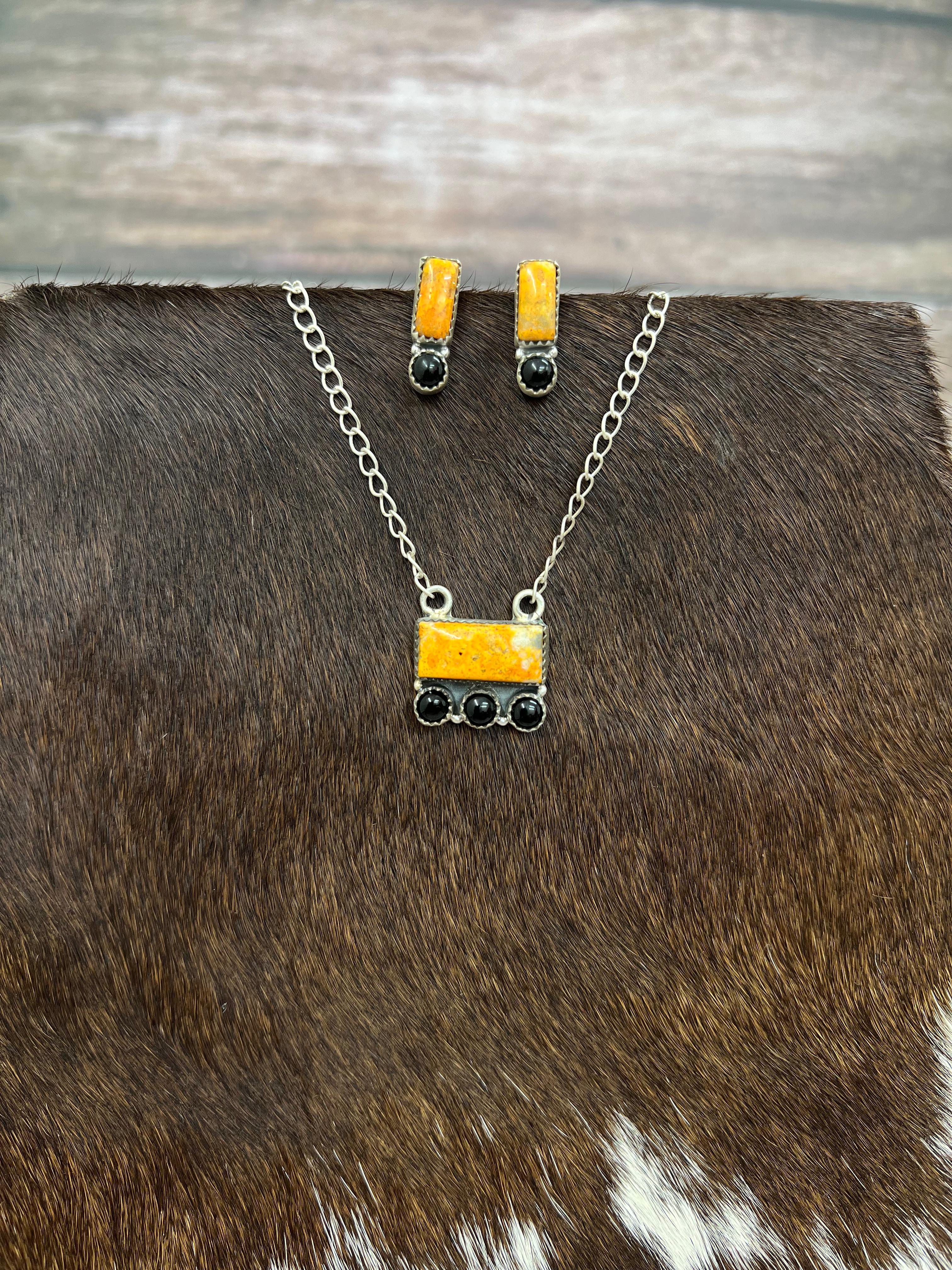 "Halloween Collection" Handmade Sterling Silver Black Onyx, Bumblebee Necklace with Signed Nizhoni