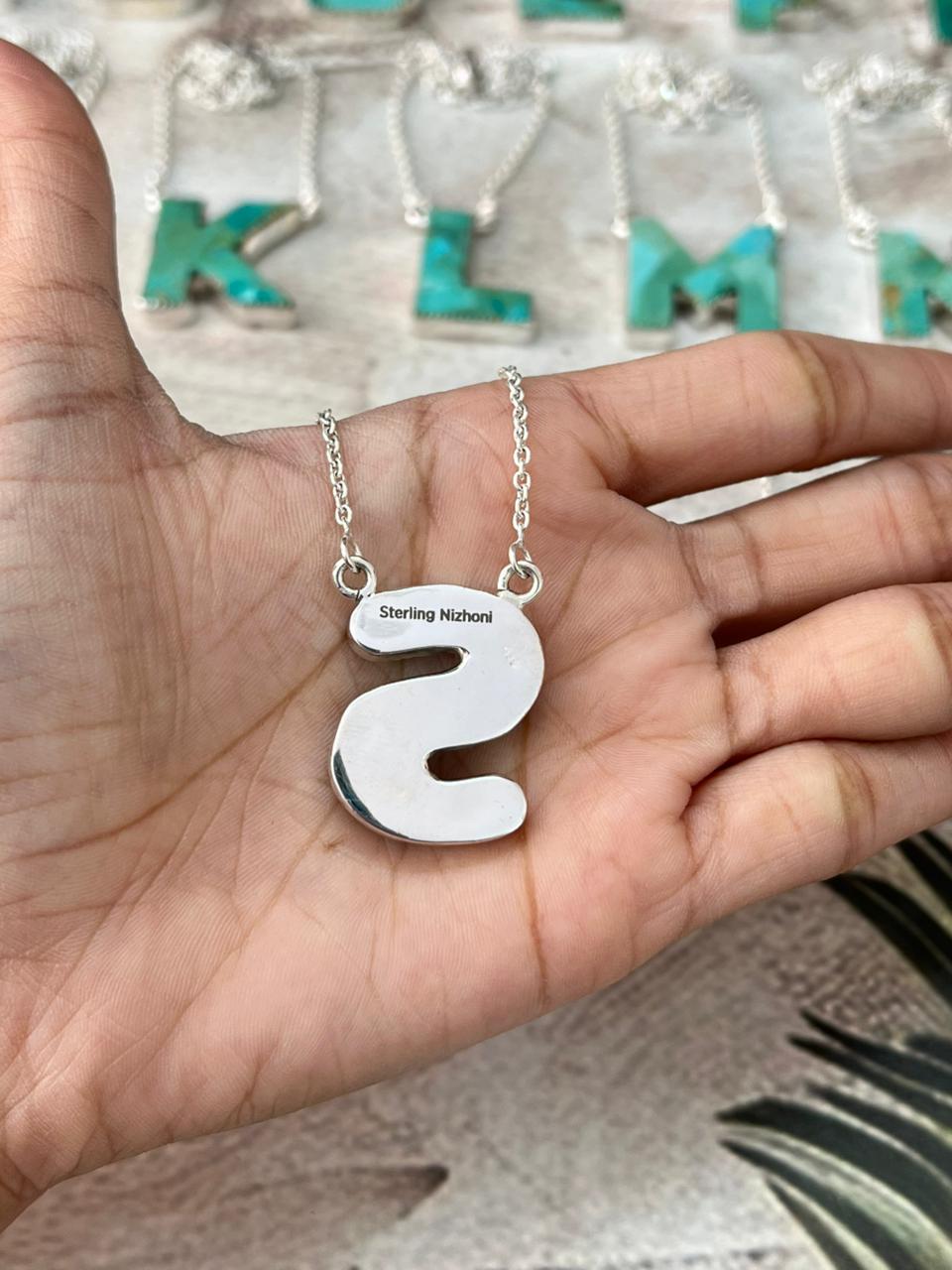 Handmade Sterling Silver Kingman Turquoise Multiple Letters Necklace with Signed Nizhoni