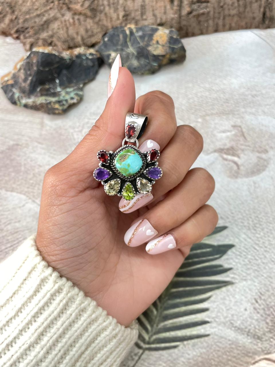 Handmade Sterling Silver Sonoran with Cut Stones Pendant "Signed Nizhoni"