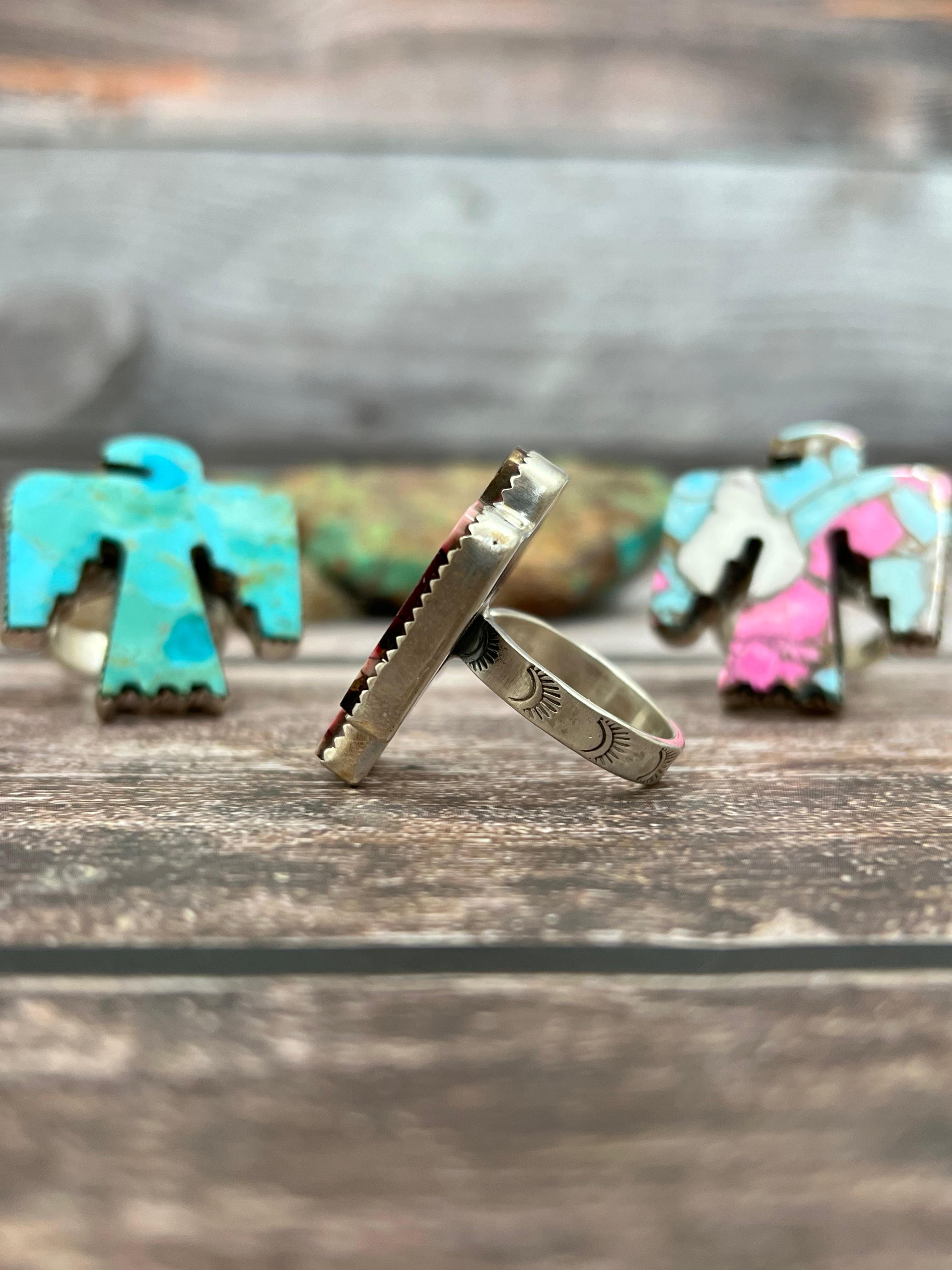 Handmade Sterling Silver Cotton Candy, Kingman Turquoise , Dahlia Rose Thunder Bird Adjustable Ring, Signed Nizhoni