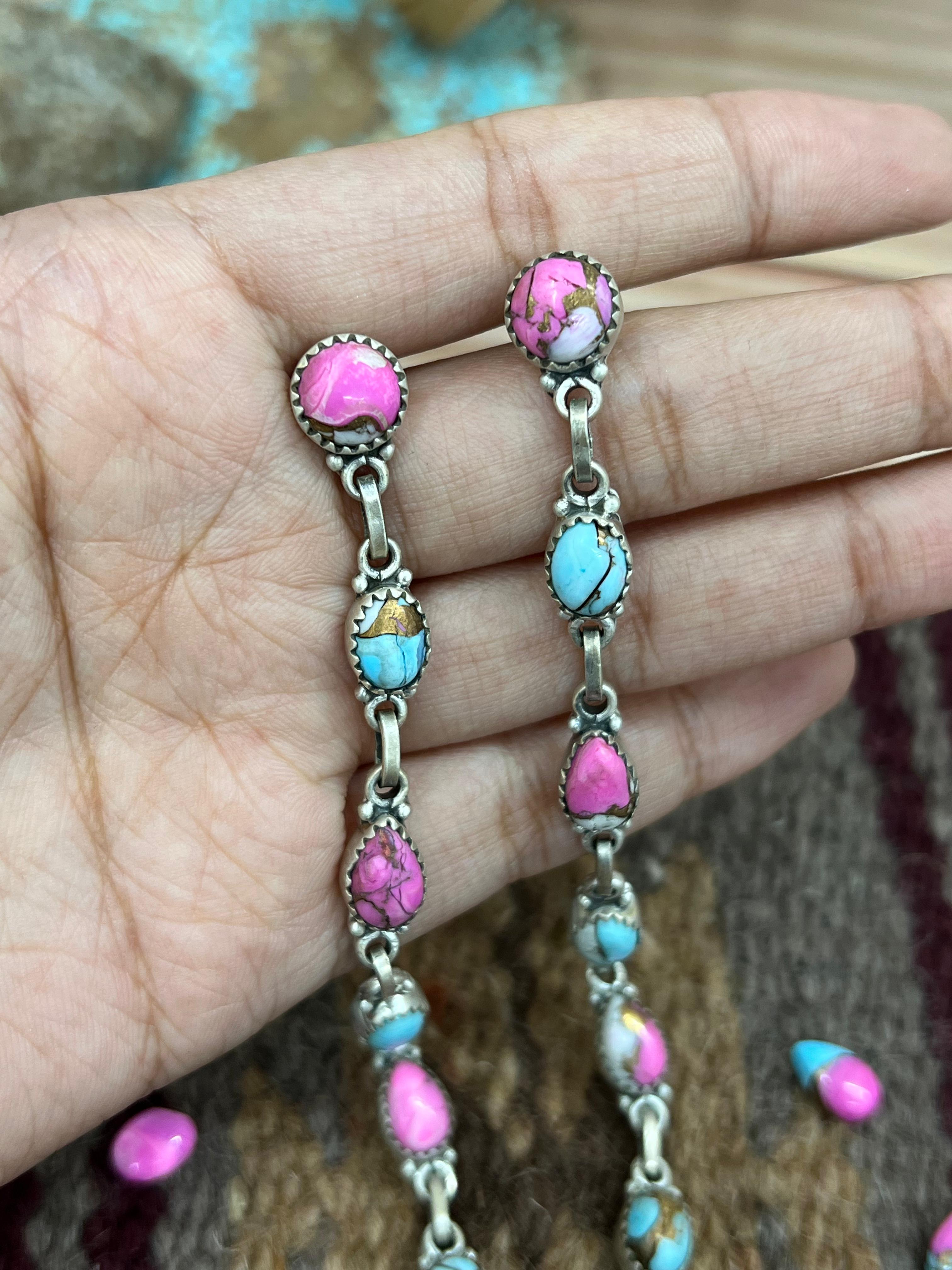 Handmade Sterling Silver Cotton Candy Turquoise Dangle Earrings with Signed Nizhoni