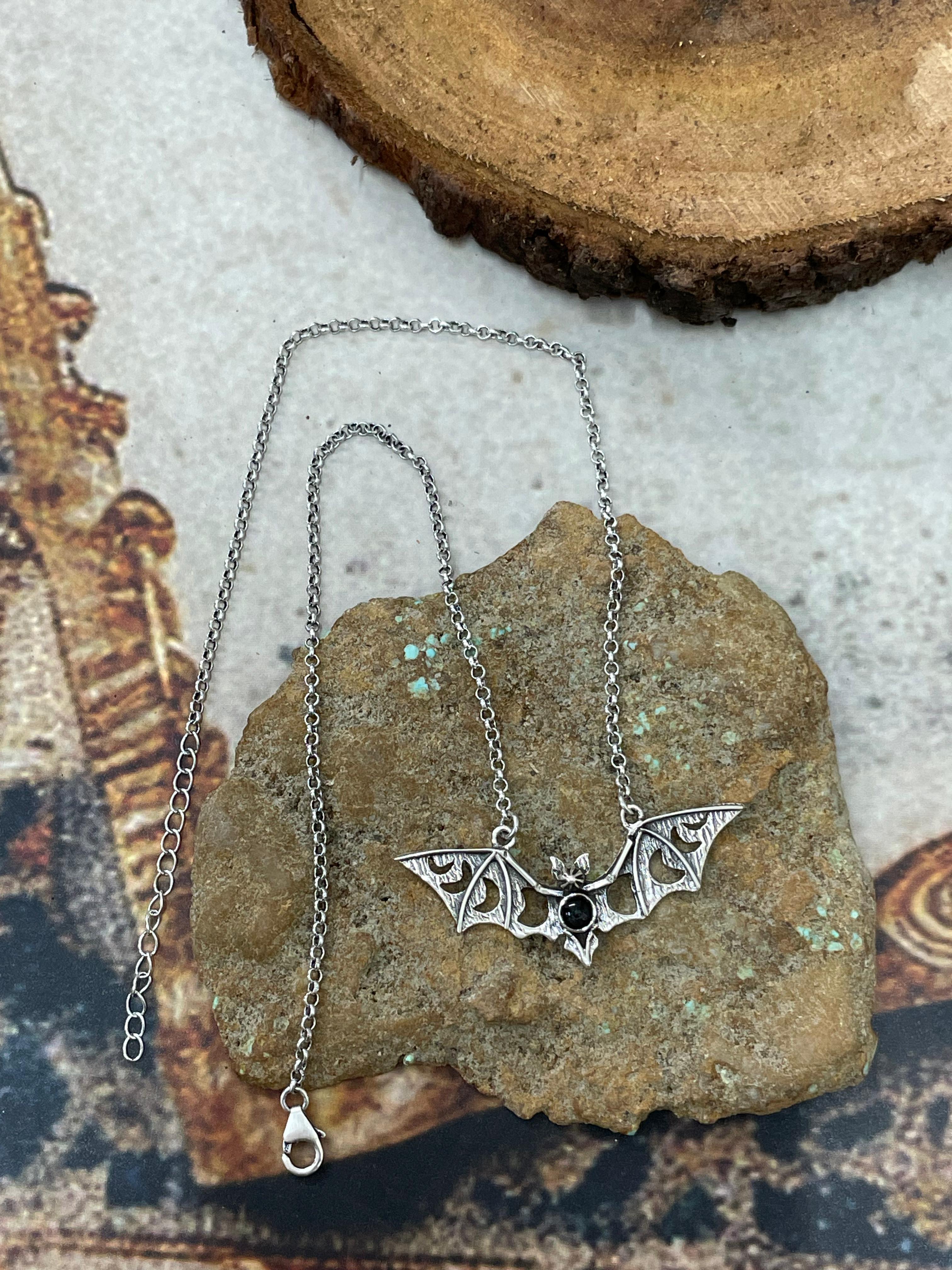 "Halloween Collection" Handmade Sterling Silver Black Onyx Bat Necklace with Signed Nizhoni