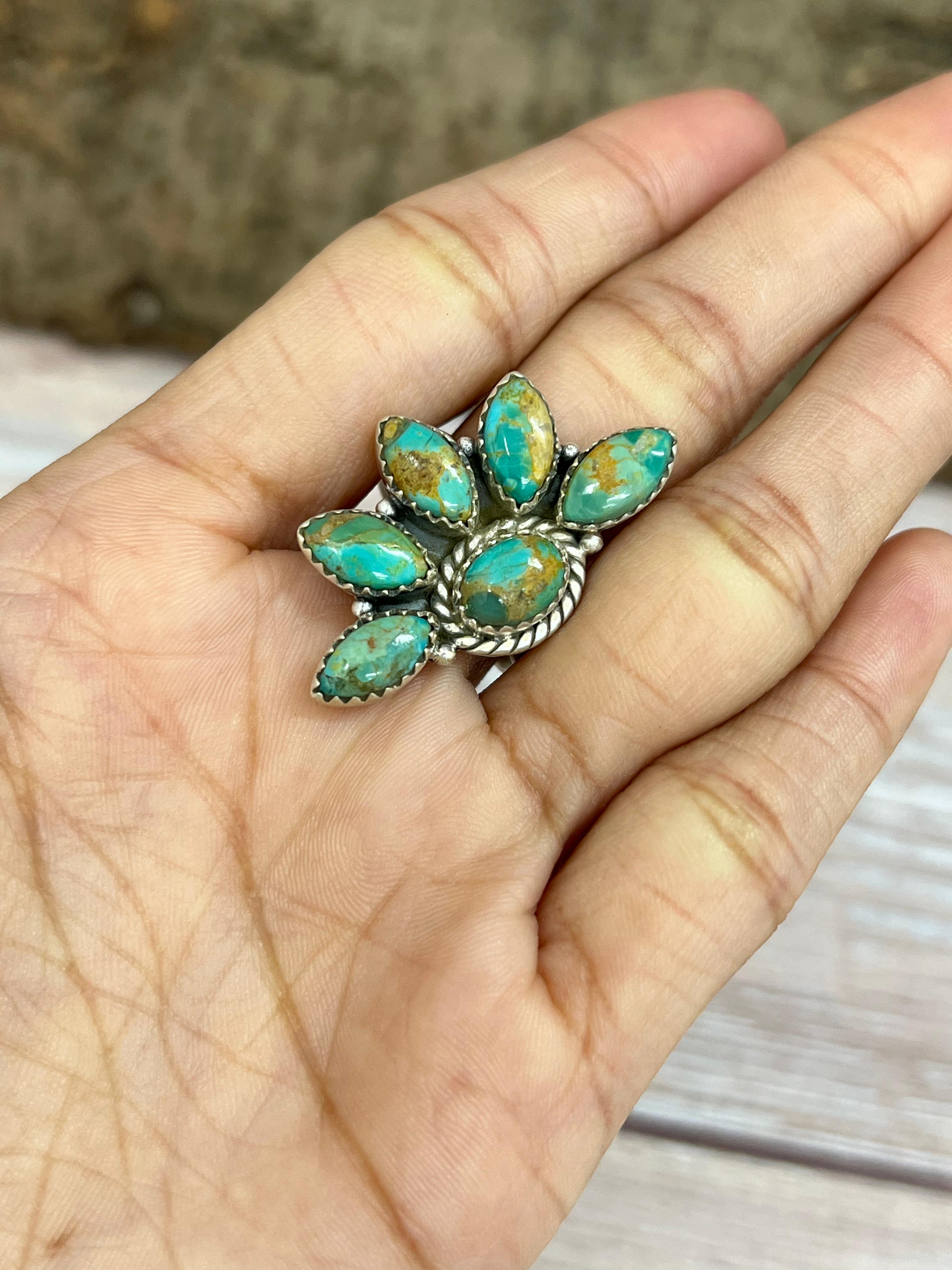 Handmade Sterling Silver Kingman Turquoise Adjustable Crescent Ring with Signed Nizhoni (6)