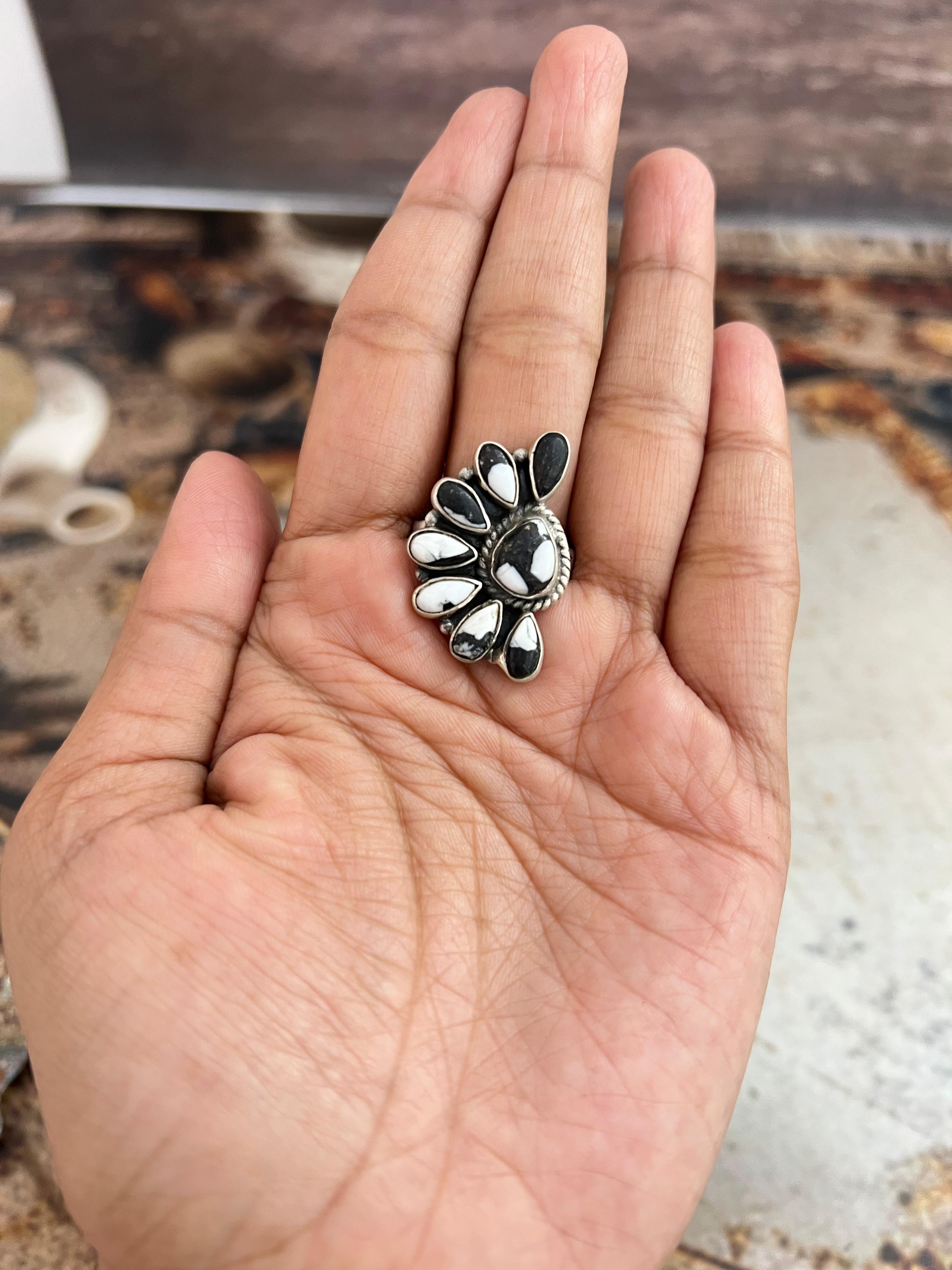 Handmade Sterling Silver White Buffalo Adjustable Ring, Signed Nizhoni