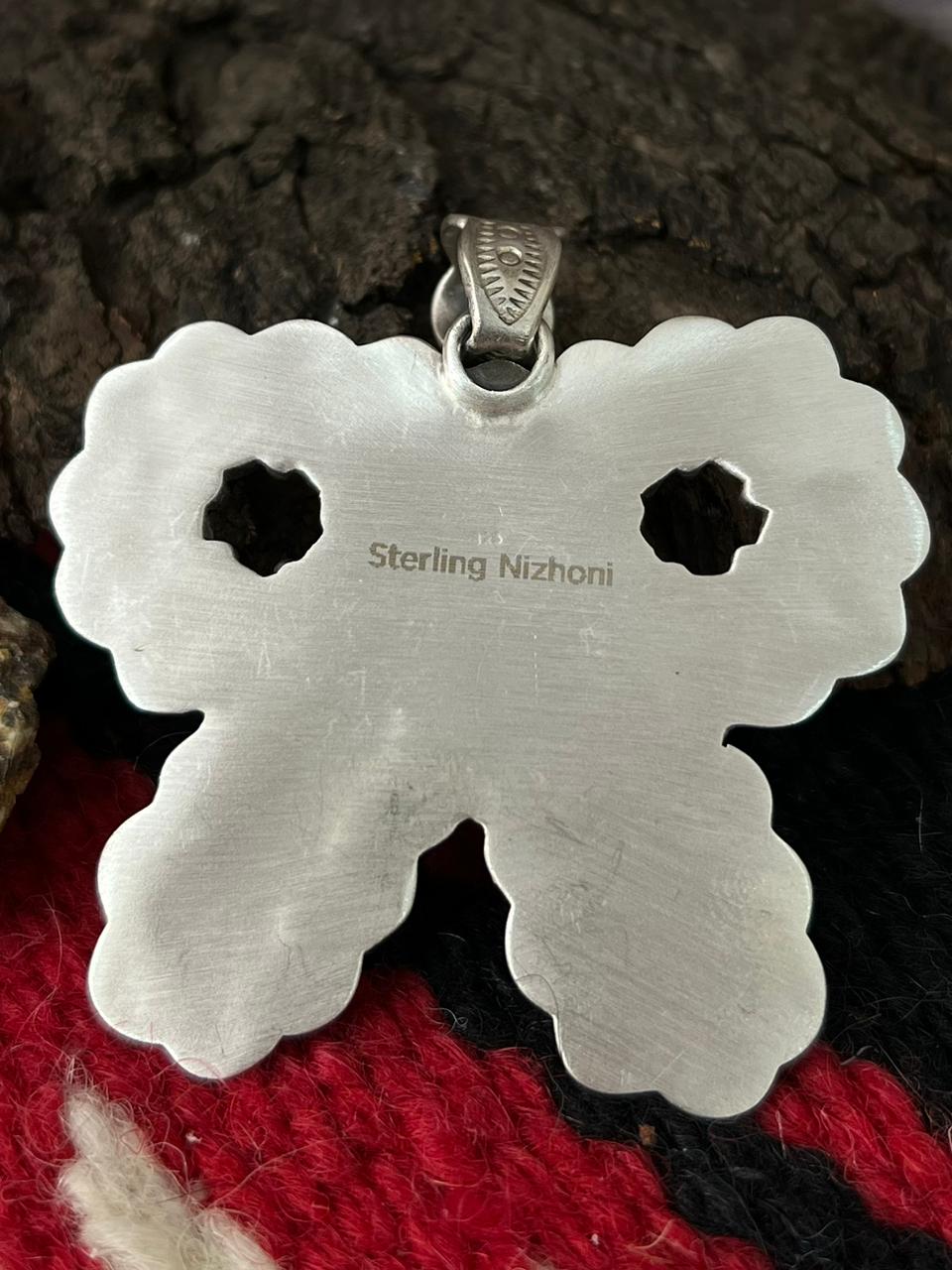 "Christmas Collection" Handmade Sterling Silver Kingman with Coral Pendant "Signed Nizhoni"