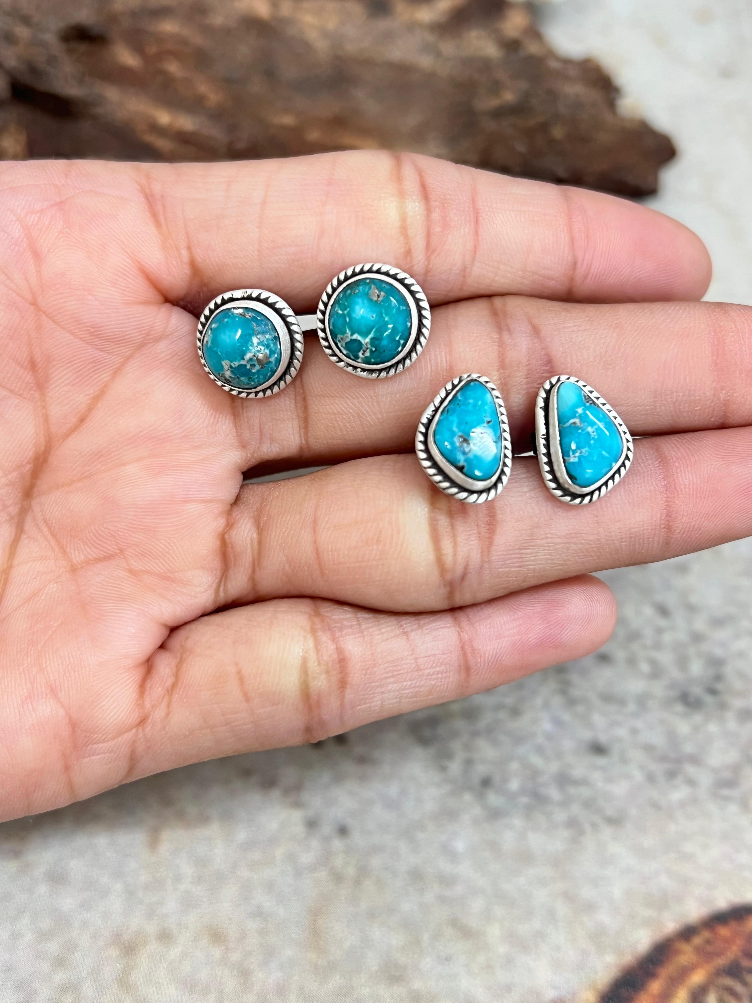 Handmade Sterling Silver White Water Turquoise Post Studs Signed Nizhoni