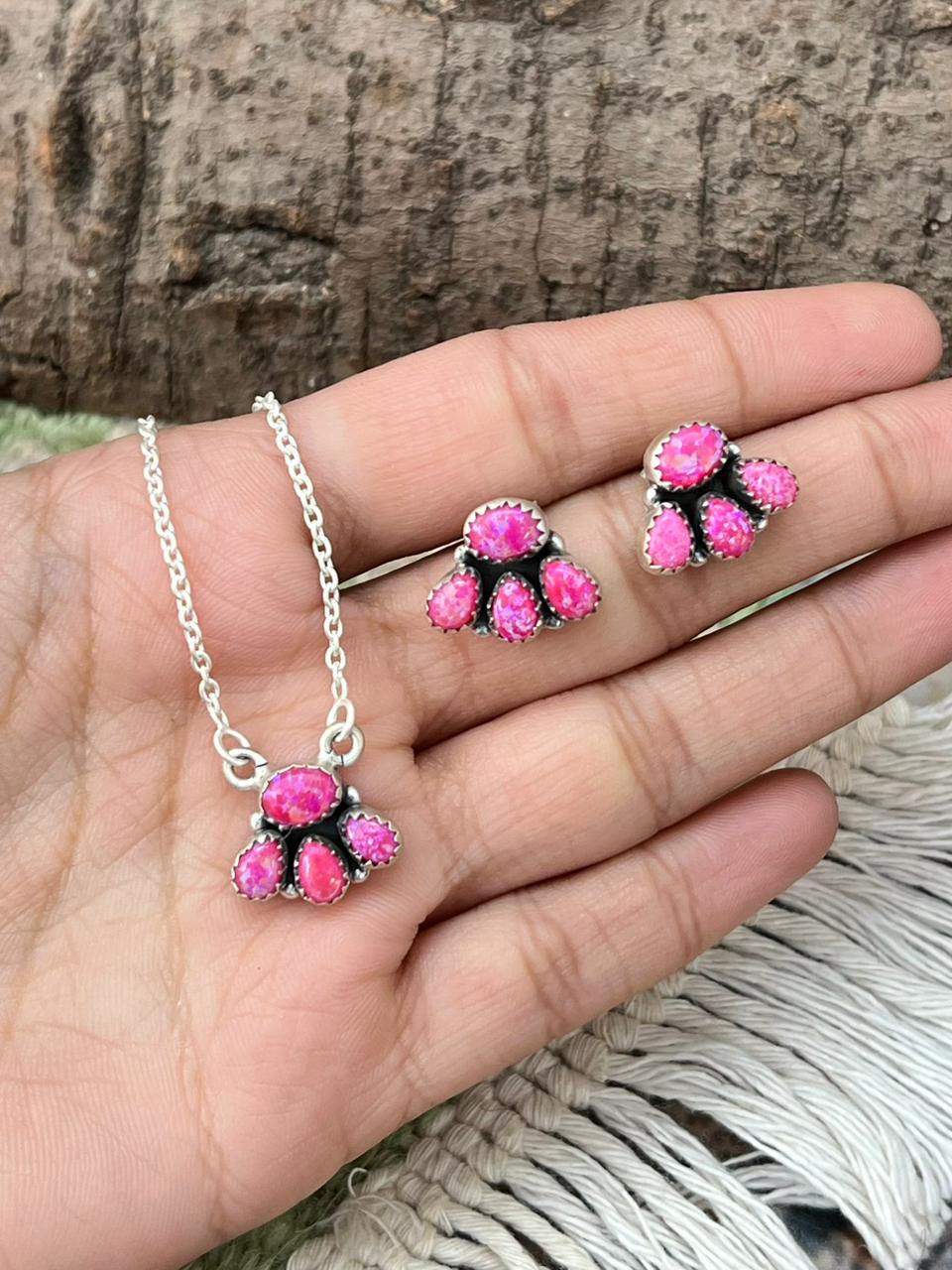 Handmade Sterling Silver Hot Pink Heart Necklace Earrings Set "Signed Nizhoni"