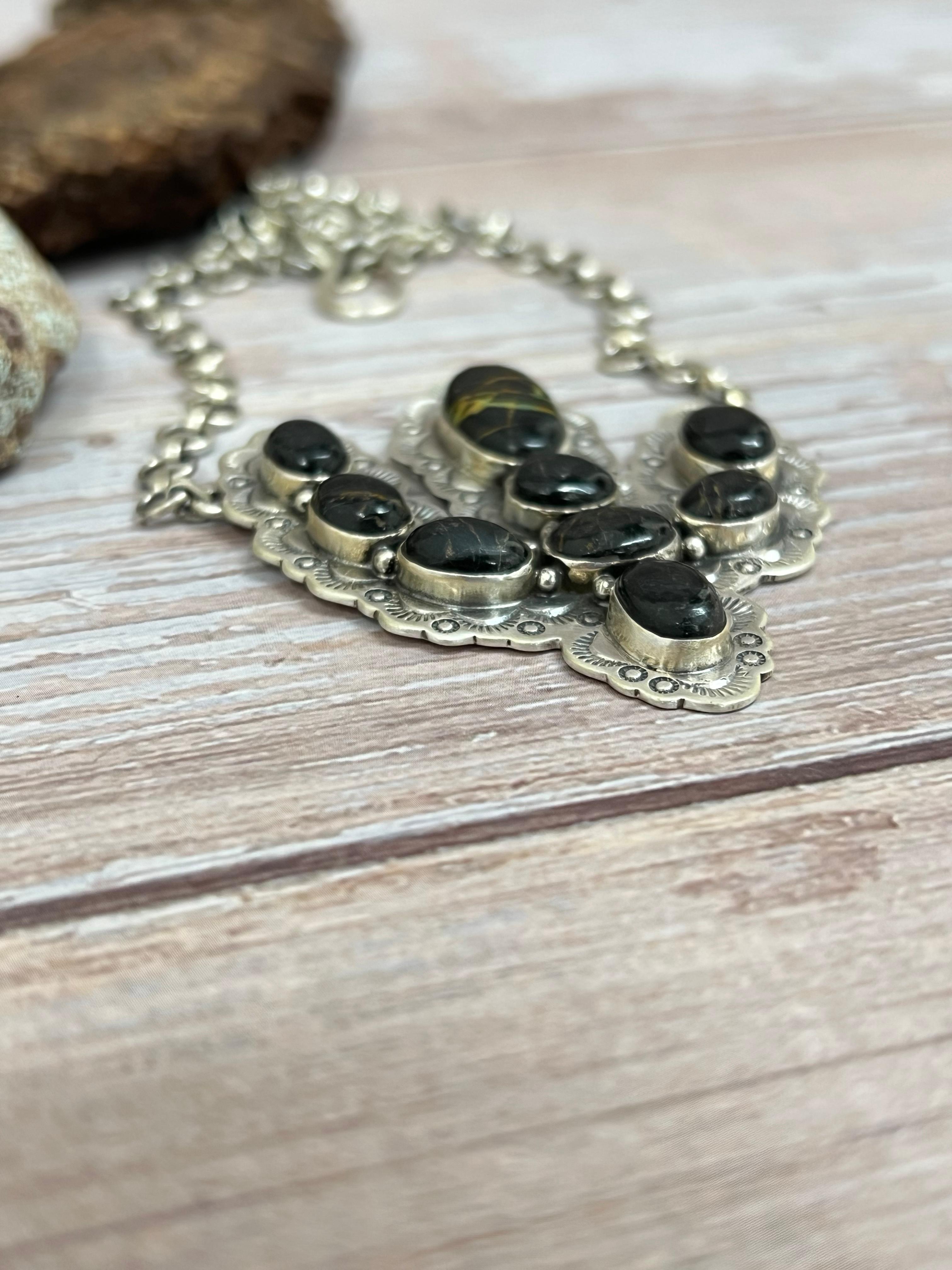 Handmade Sterling Silver Blackjack Turquoise Cactus Necklace with Signed Nizhoni