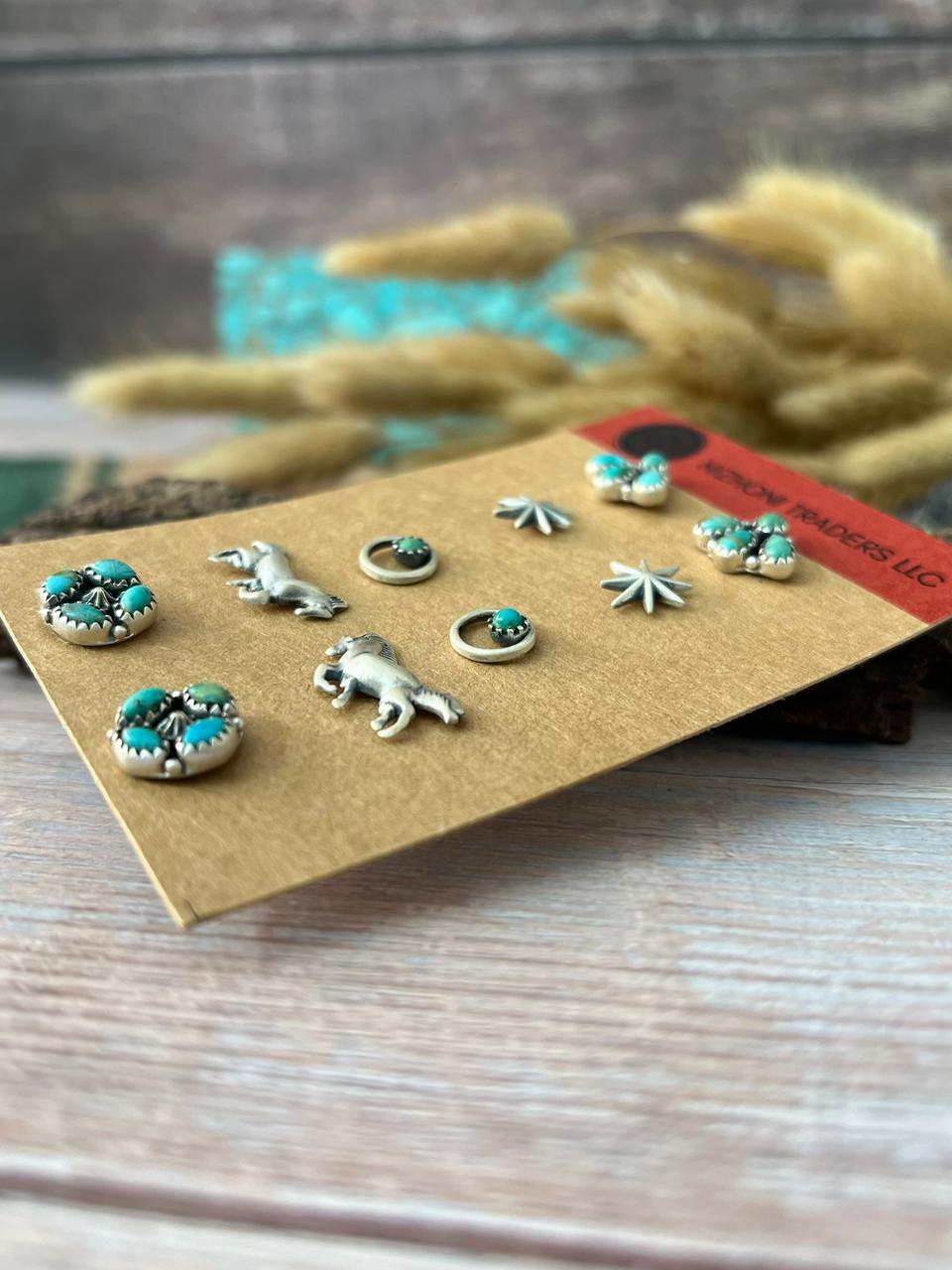 Handmade Sterling Silver Kingman Turquoise Studs Earrings Card
