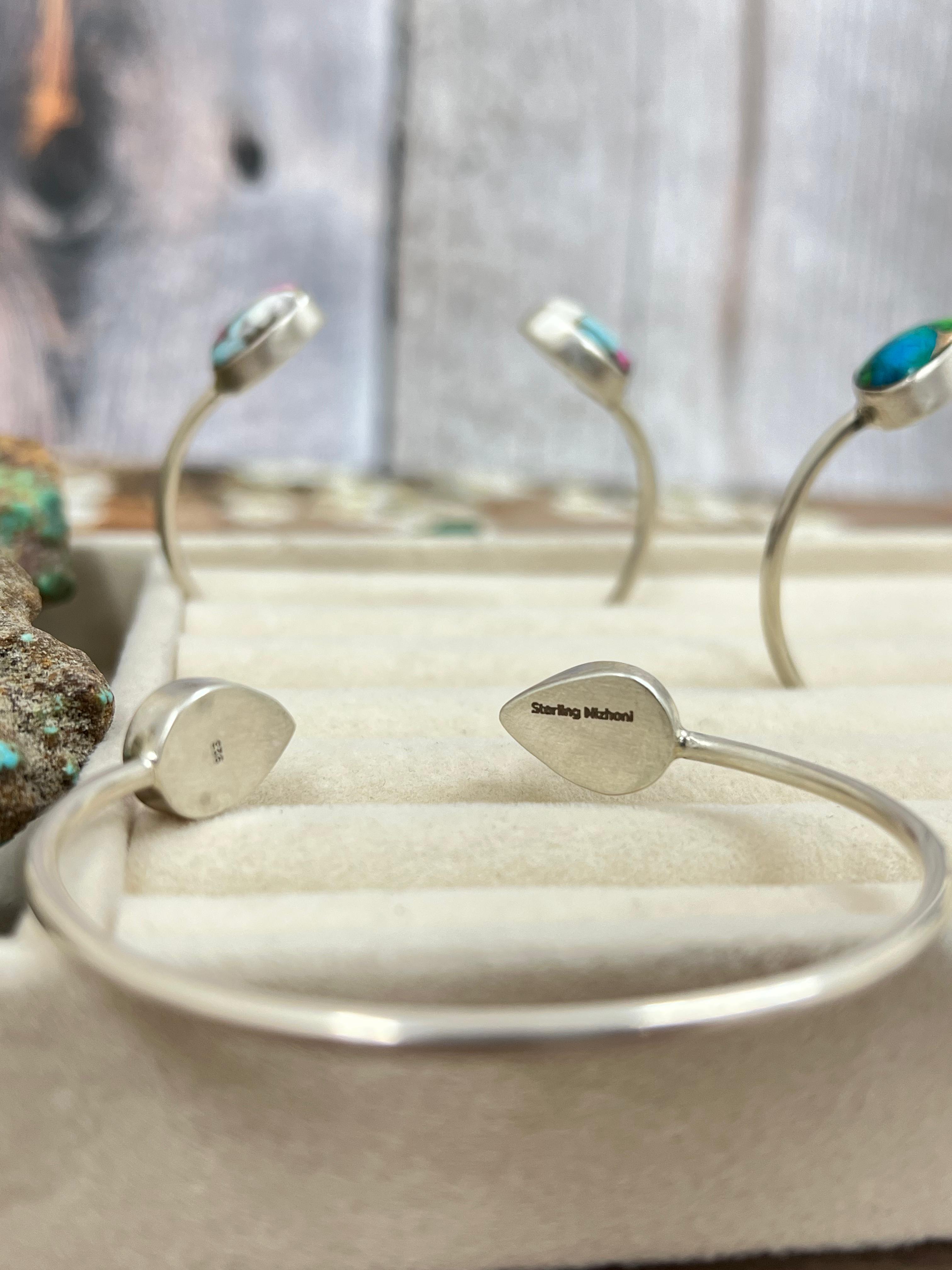 Handmade Sterling Silver Peacock Dahlia, Cotton Candy Turquoise, Dahlia Rose Cuff Bracelet with Signed Nizhoni