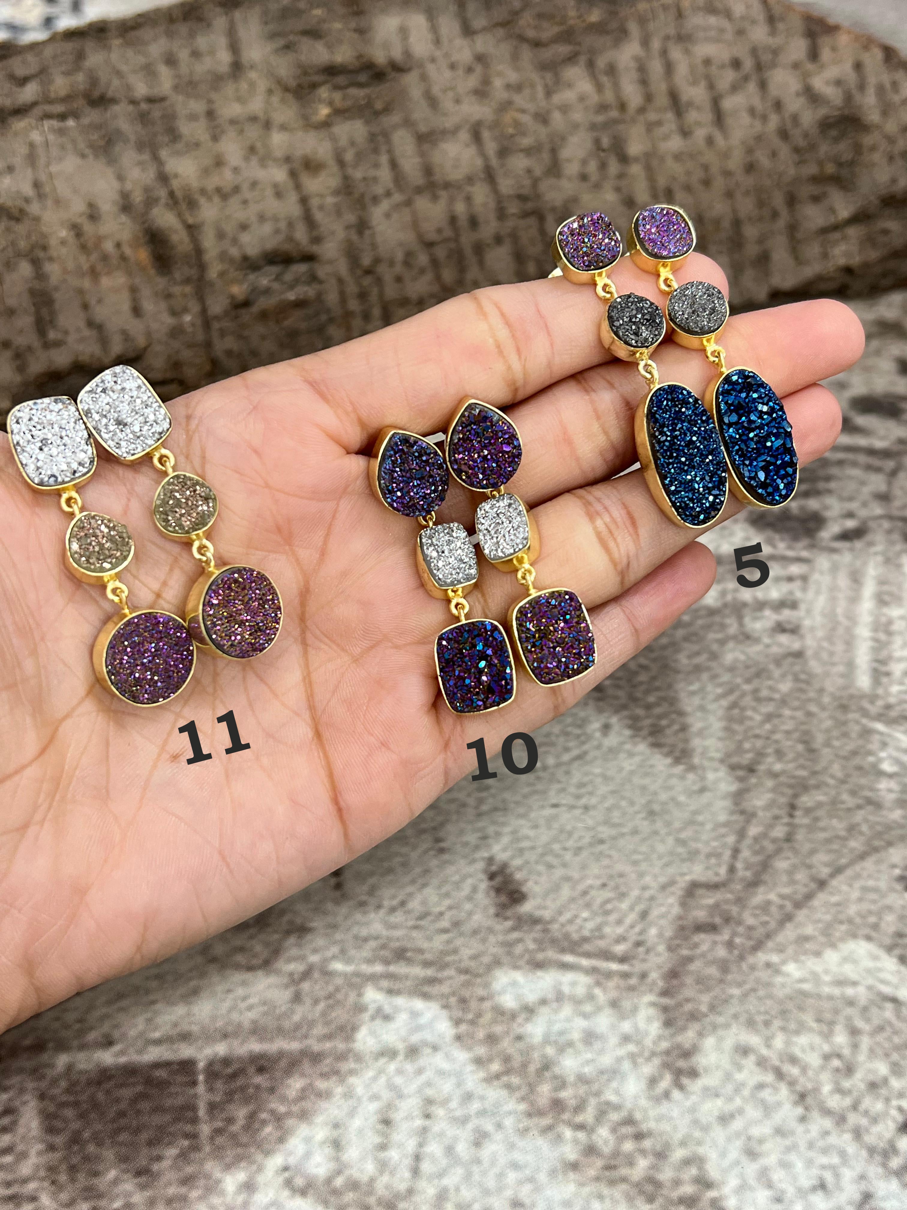 “The Boho Collection” Handmade Natural 3 Stone Druzy Post Dangle Earrings