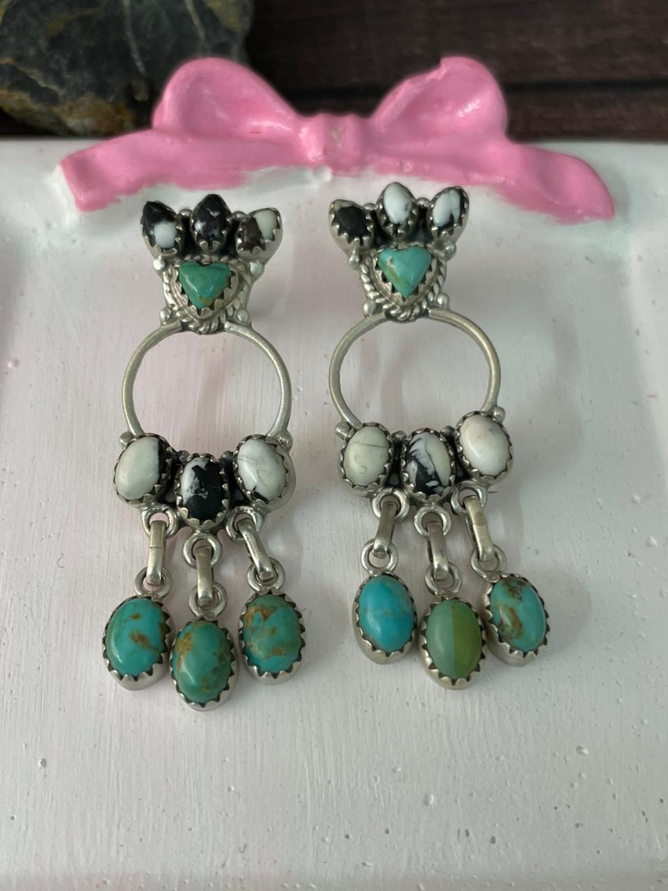 Handmade Sterling Silver White Buffalo with Kingman Post Dangle Earrings "Signed Nizhoni"