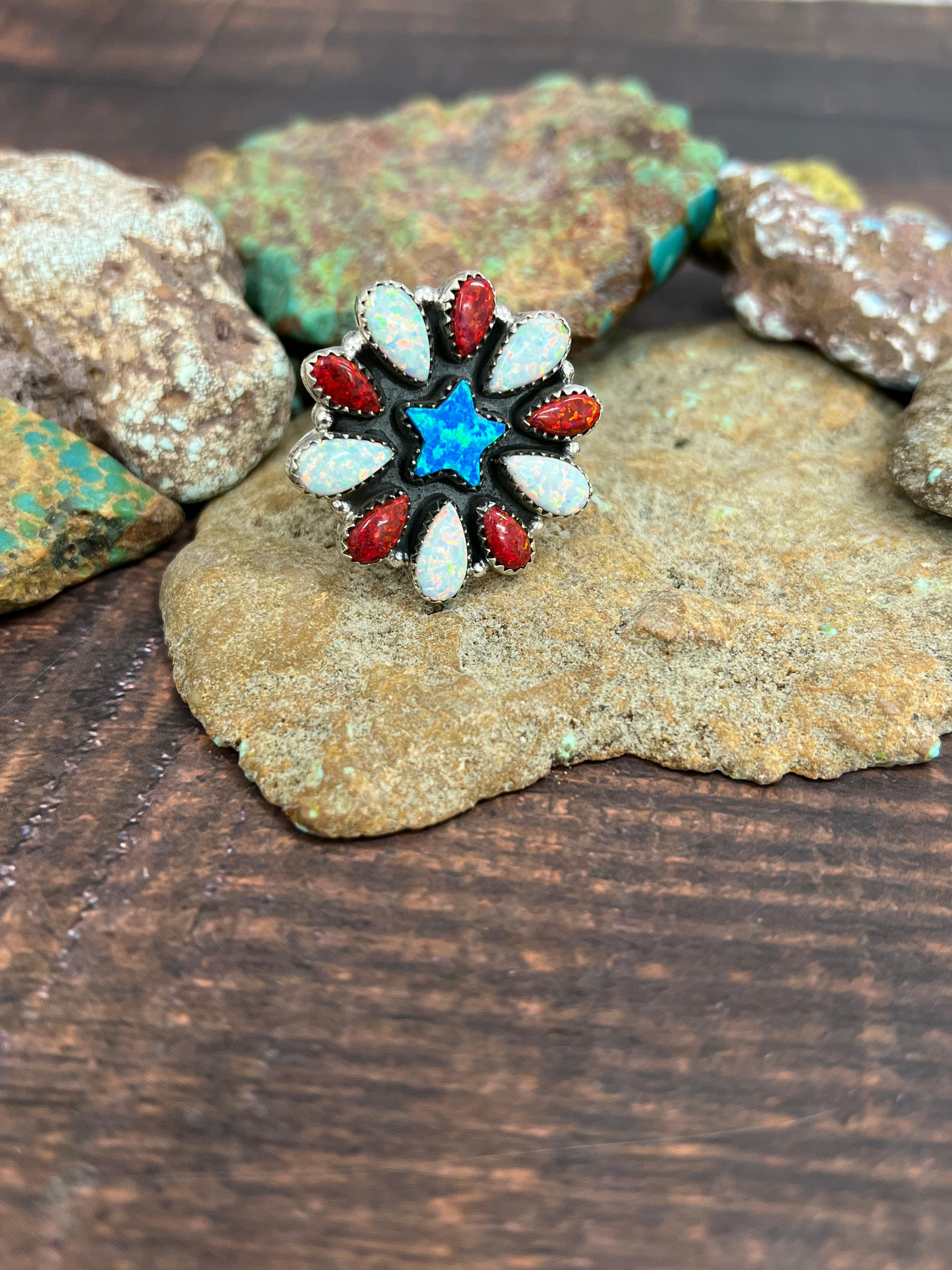 ** 4TH OF JULY ** Handmade Sterling Silver Synthetic Opal Adjustable Ring with Signed Nizhoni