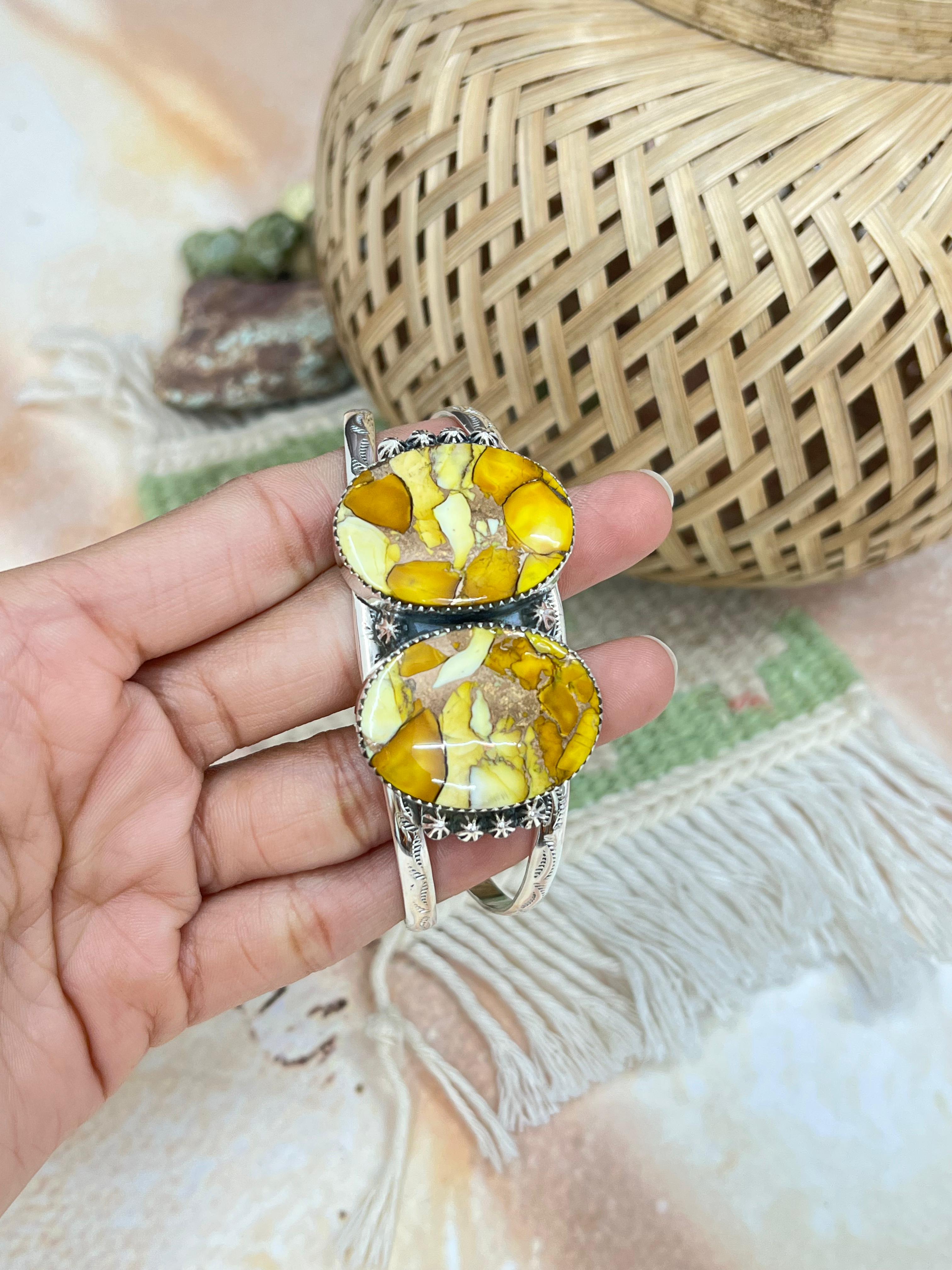 Handmade Sterling Silver Honey Dahlia Cuff Bracelet with Signed Nizhoni