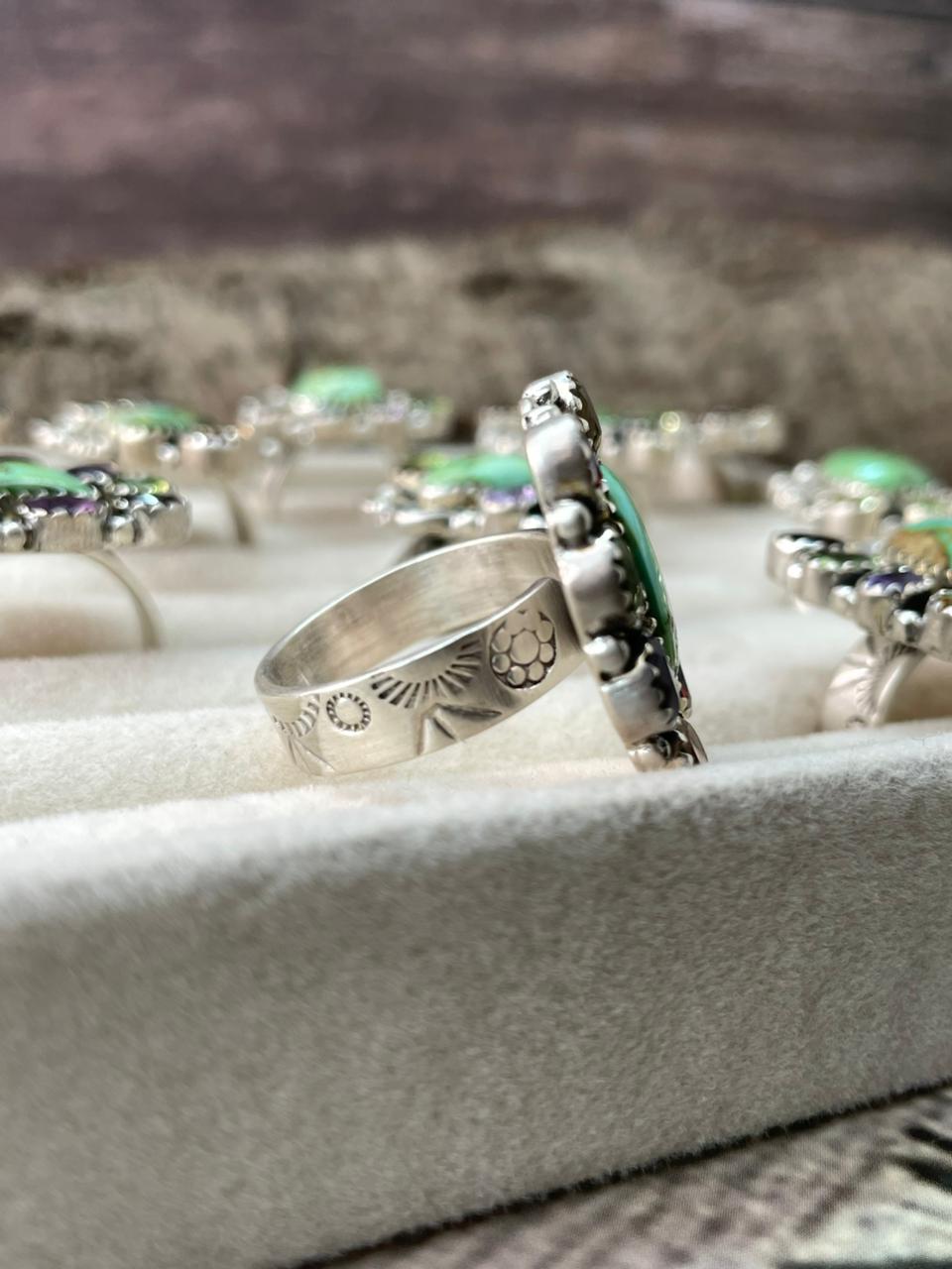 Handmade Sterling Silver Sonoran with Cut Stones Adjustable Ring "Signed Nizhoni"