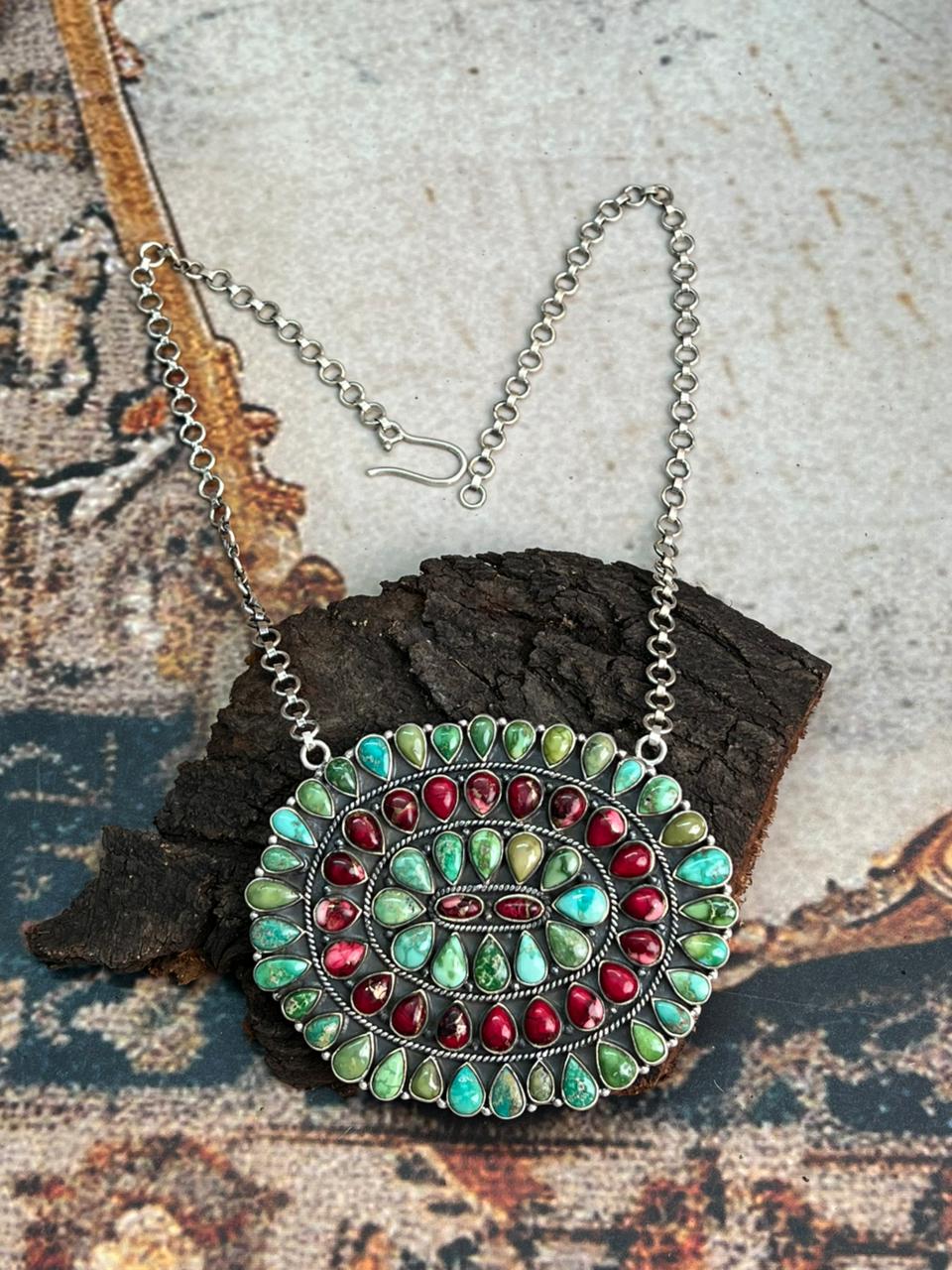 Handmade Sterling Silver Dahlia Rose with Emerald Valley Turquoise Necklace "Signed Nizhoni"