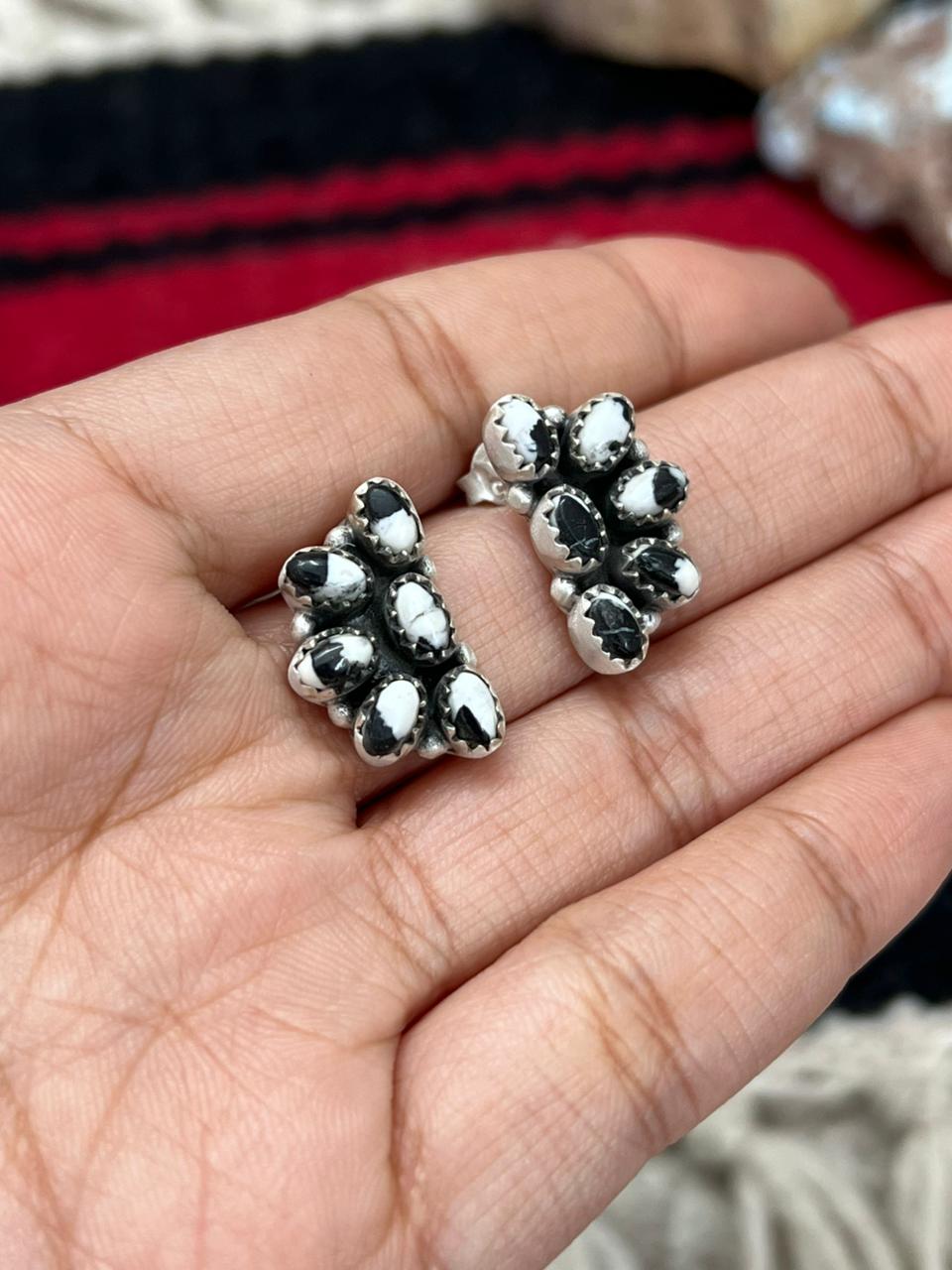 Handmade Sterling Silver White Buffalo with Red Opal Studs Earrings "Signed Nizhoni"