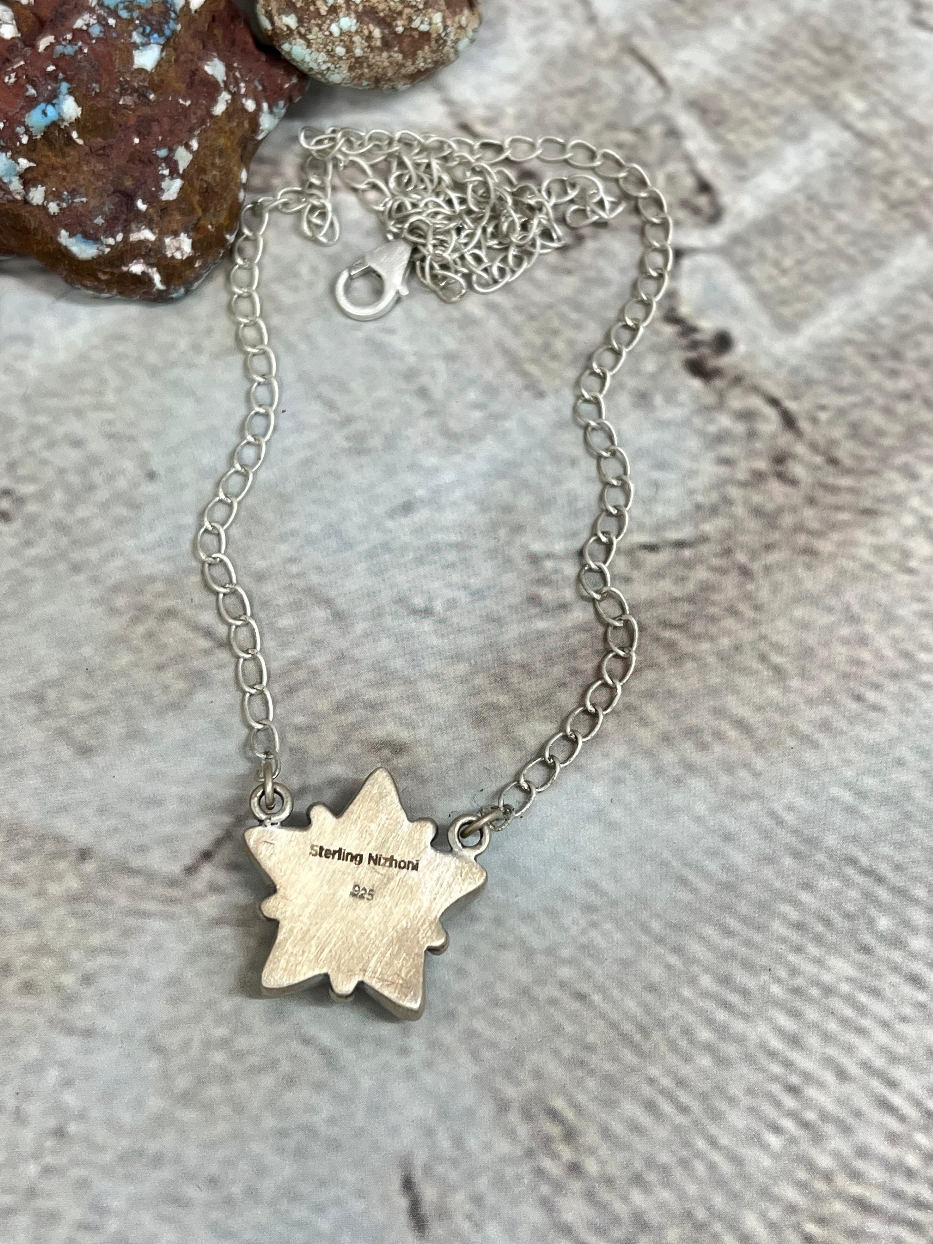 Handmade Sterling Silver Royston Turquoise Star Necklace with Signed Nizhoni