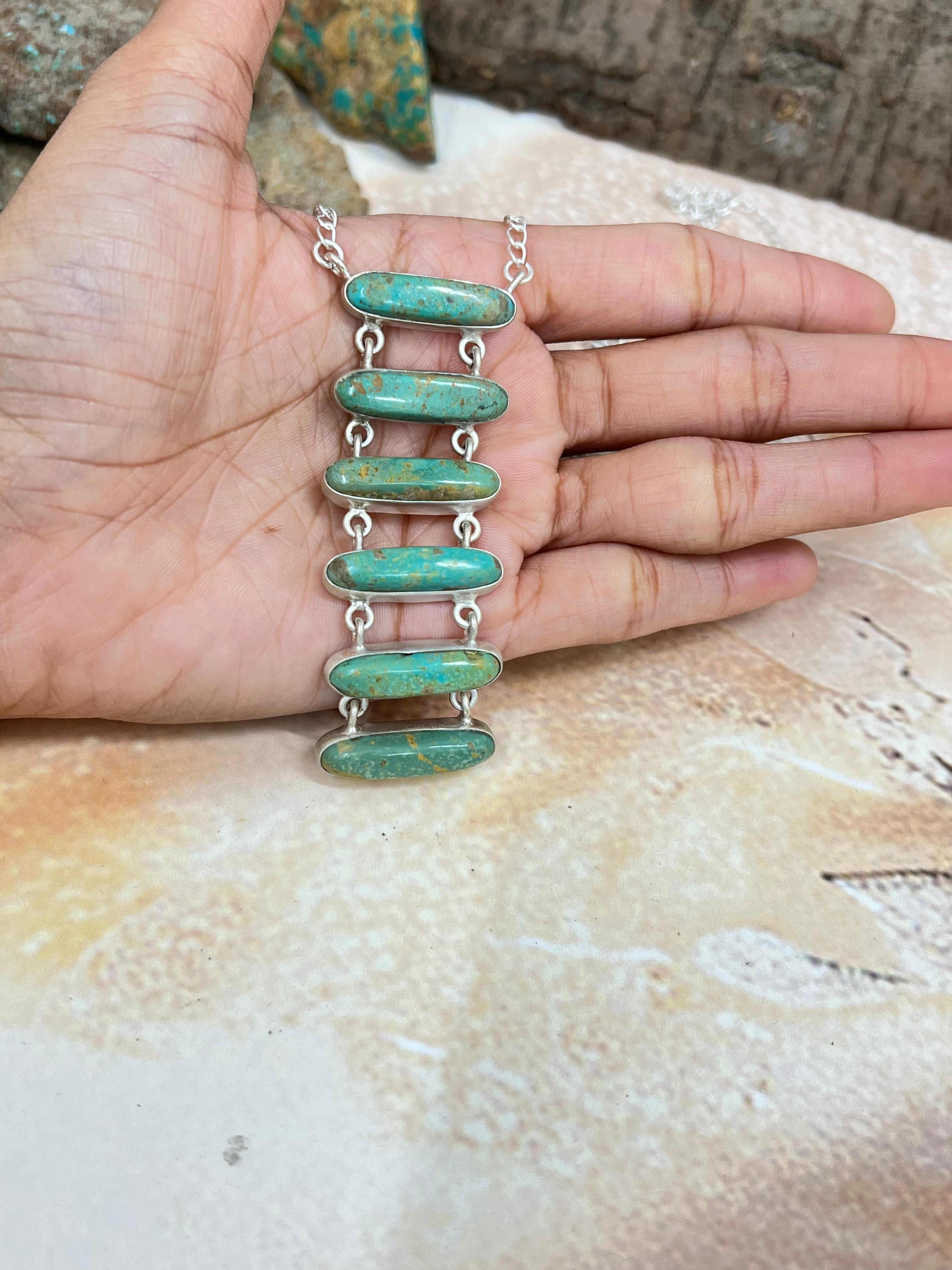 Handmade Sterling Silver Royston Turquoise Stairs Style Necklace with Signed Nizhoni