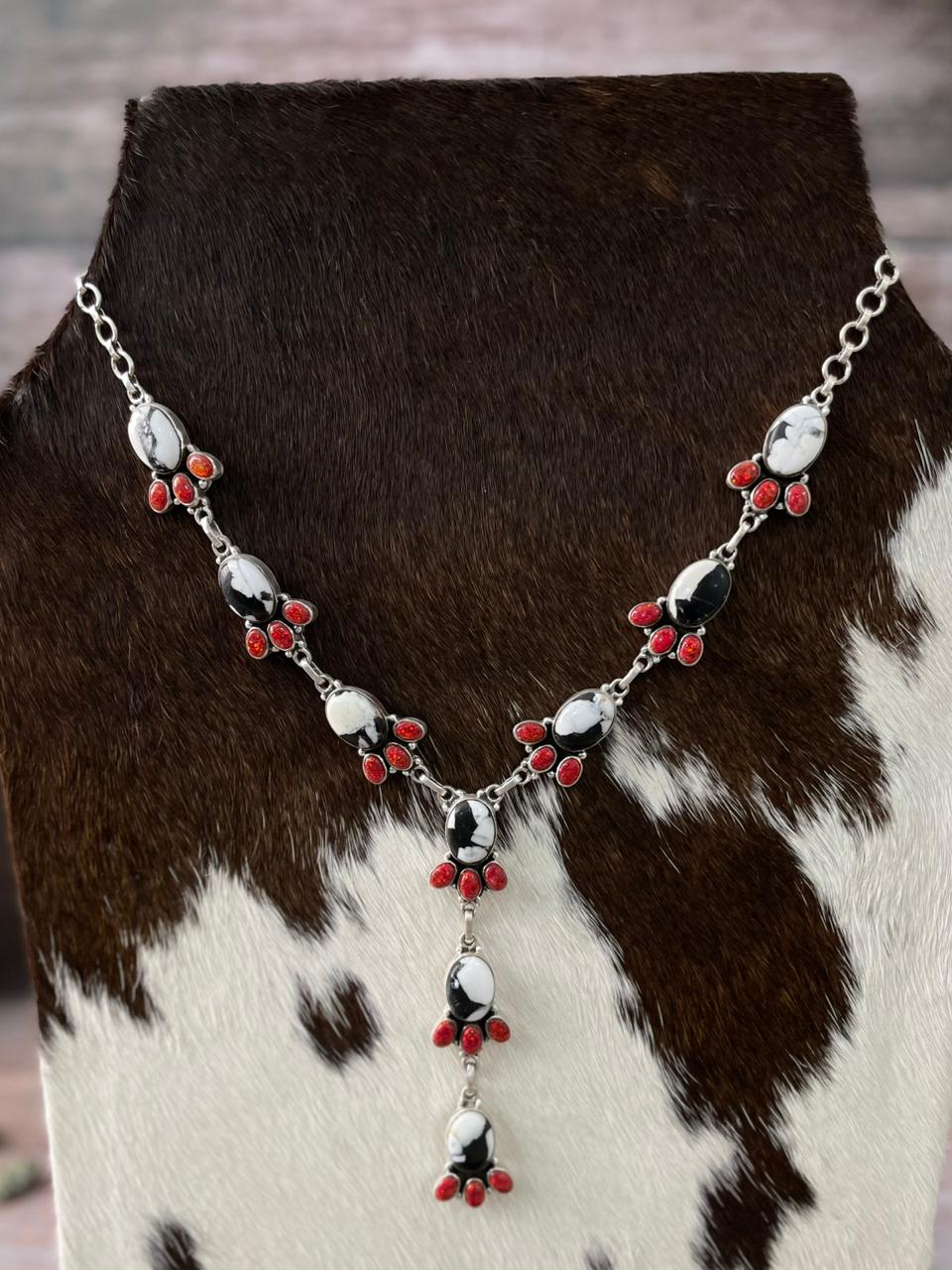 Handmade Sterling Silver White Buffalo with Red Opal Necklace "Signed Nizhoni"