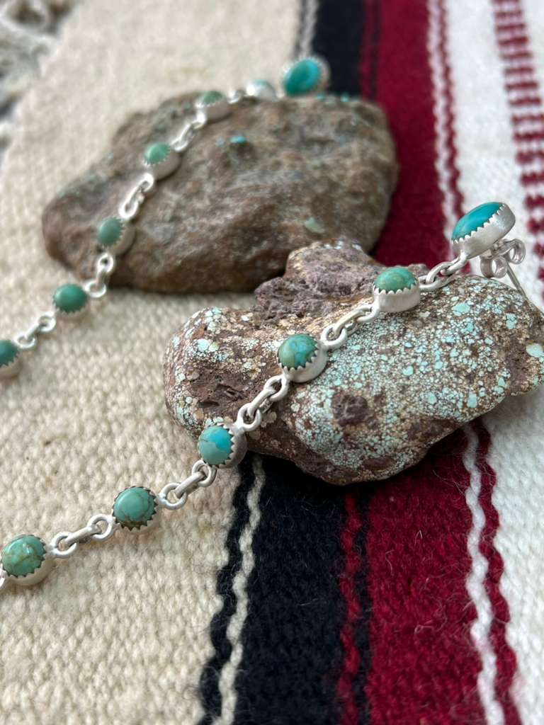 Handmade Sterling Silver Kingman Turquoise Post Dangle Earrings with Signed Nizhoni