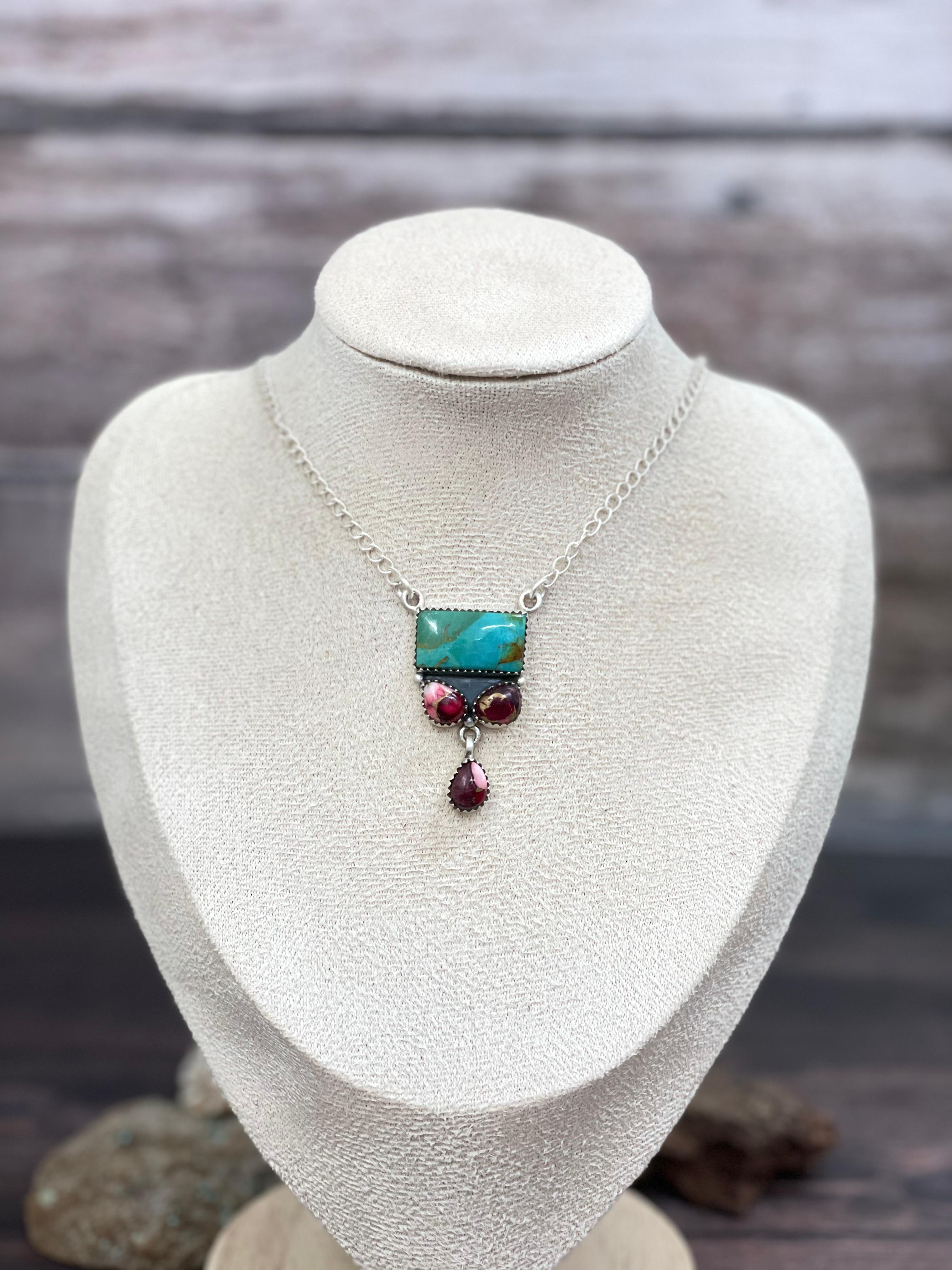 Handmade Sterling Silver Kingman with Dahlia Rose Necklace with Signed Nizhoni