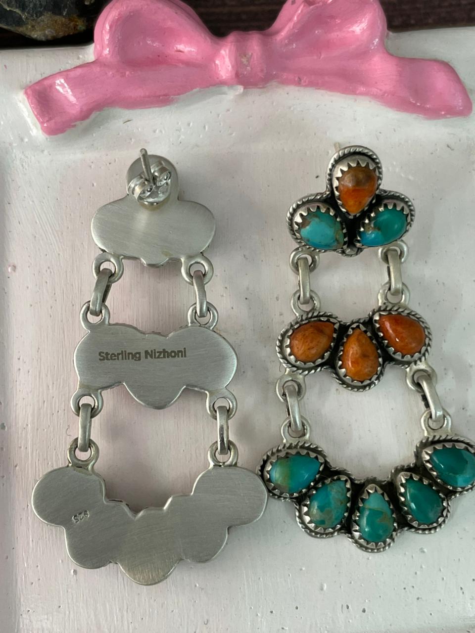 Handmade Sterling Silver Kingman Turquosie with Orange Mojave Post Dangle Earrings "Signed Nizhoni"