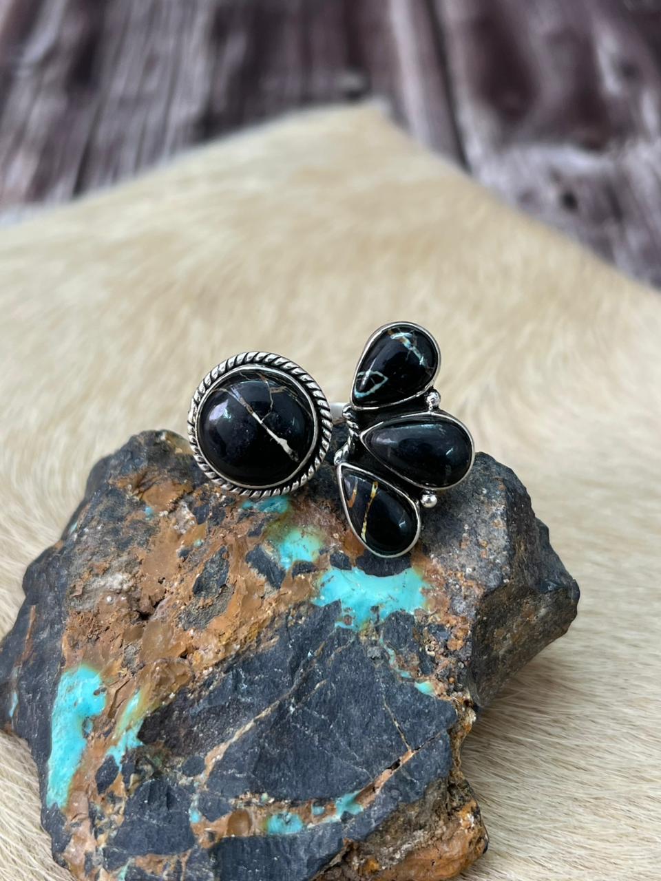 Handmade Sterling Silver Blackjack Turquoise Adjustable Ring "Signed Nizhoni"