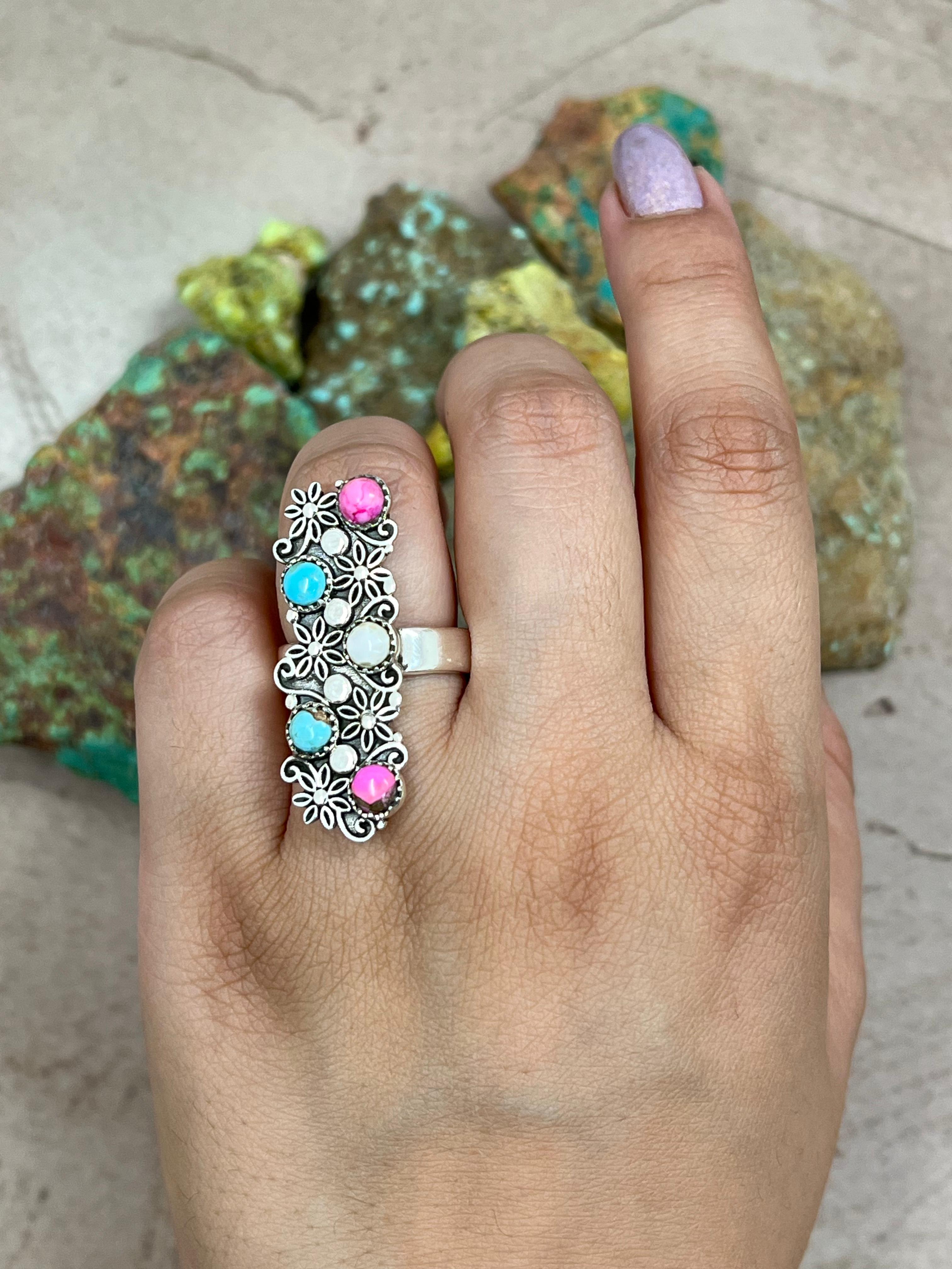 Handmade Sterling Silver Cotton Candy Turquoise Adjustable Ring with Signed Nizhoni