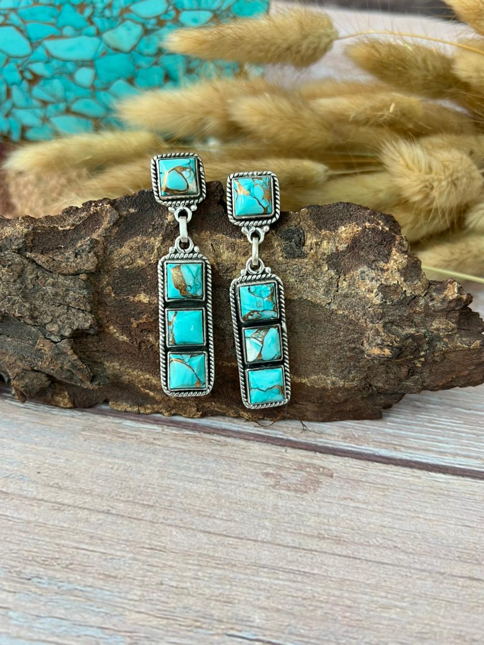 Handmade Sterling Silver Mint Dahlia Collection: Post Dangle Earrings "Signed Nizhoni"