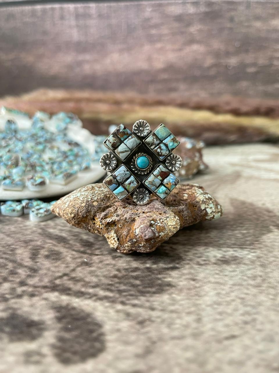 Handmade Sterling Silver 'Golden Hills Turquoise Cobble Collection' Adjustable Ring "Signed Nizhoni"