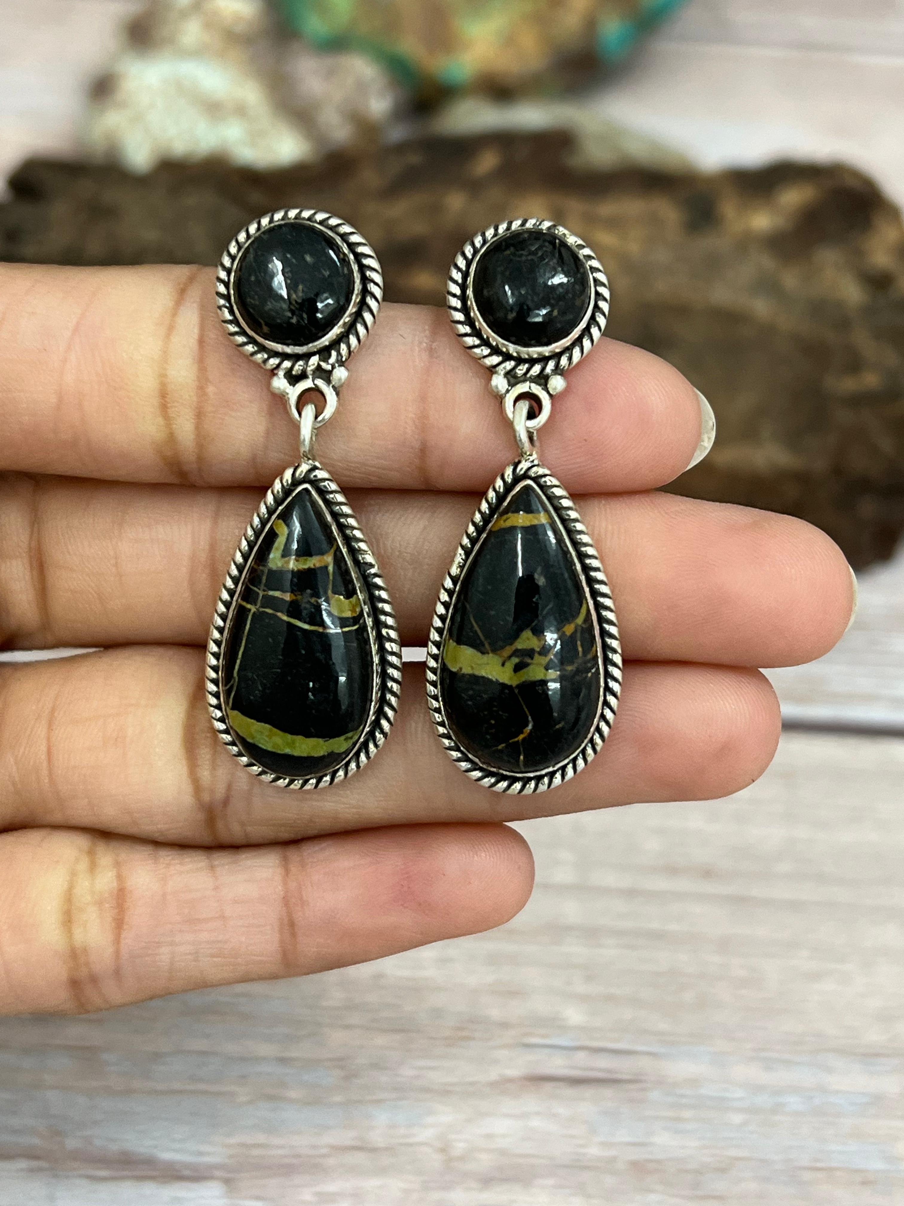 Handmade Sterling Silver Blackjack Turquoise Post Dangle Earrings with Signed Nizhoni