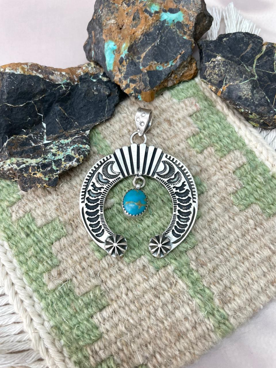 Handmade Sterling Silver Kingman Turquoise Naja Pendant "Signed Nizhoni"