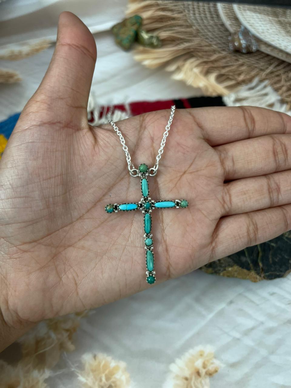 Handmade Sterling Silver Kingman Turquoise Cross Necklace "Signed Nizhoni"