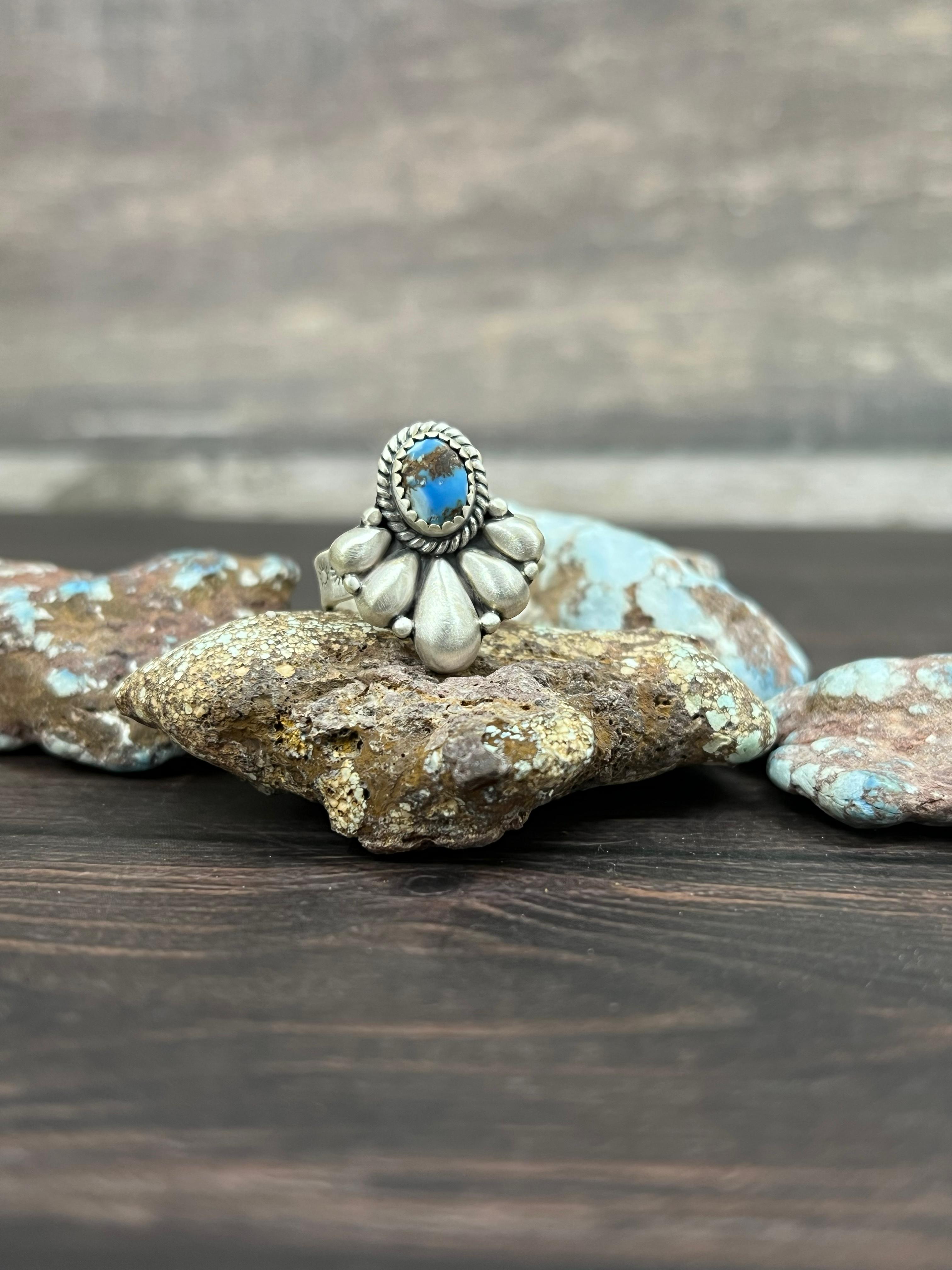 Handmade Sterling Silver with Golden Hills Turquoise Adjustable Ring With Signed Nizhoni